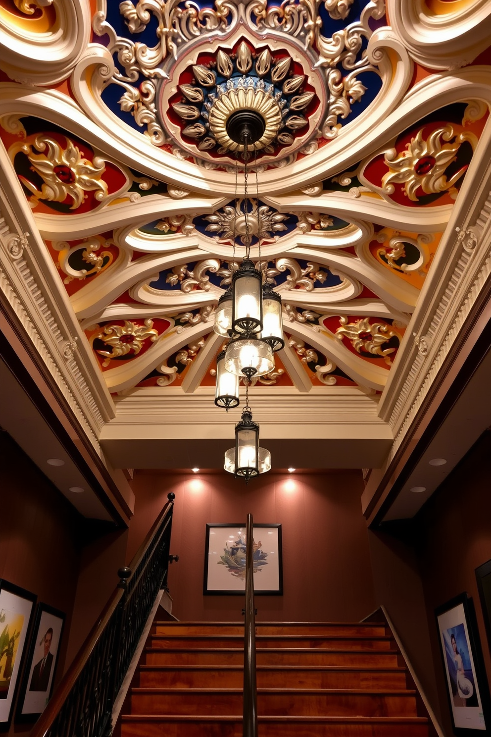 A stunning decorative ceiling treatment featuring intricate plasterwork and bold colors that draws the eye upward. Elegant lighting fixtures are suspended from the center, casting a warm glow that enhances the drama of the space. A closed staircase design that showcases rich wooden steps complemented by a sleek metal railing. The walls are adorned with artwork, creating a gallery-like feel as one ascends or descends the staircase.