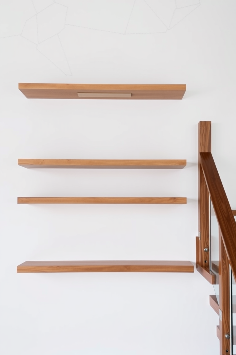 Floating shelves for minimalist design. The shelves are made of natural wood with a smooth finish and are installed at varying heights on a white wall. Closed staircase design ideas. The staircase features a sleek wooden design with a dark stain, complemented by a glass railing for a modern touch.