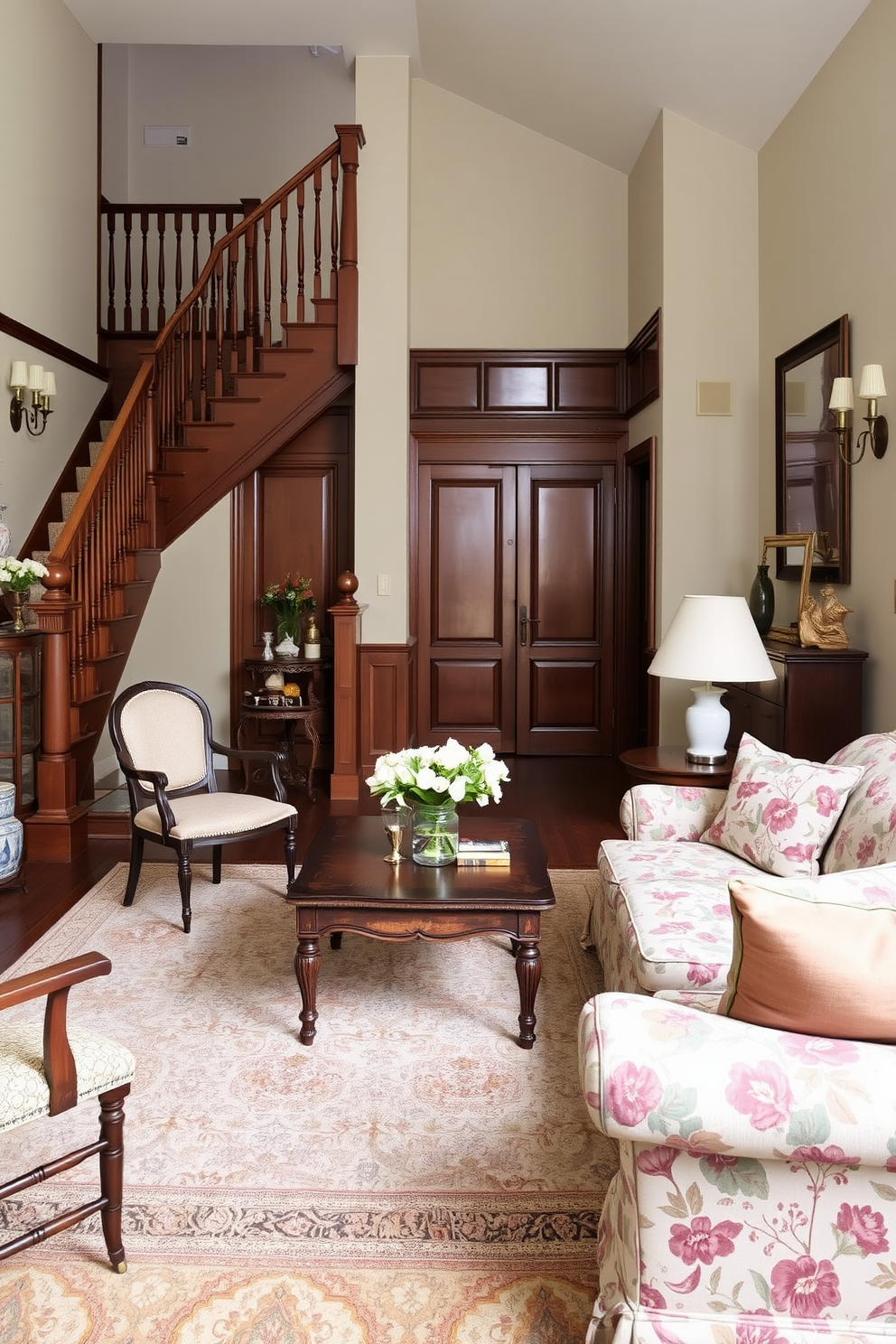 A warm and inviting living room features soft, plush carpeting that enhances the cozy atmosphere of the space. The walls are painted in a soft beige, creating a serene backdrop for the elegant furniture pieces. The closed staircase design showcases a beautifully crafted wooden banister that complements the overall decor. Each step is adorned with matching carpet, providing comfort and a seamless transition between levels.