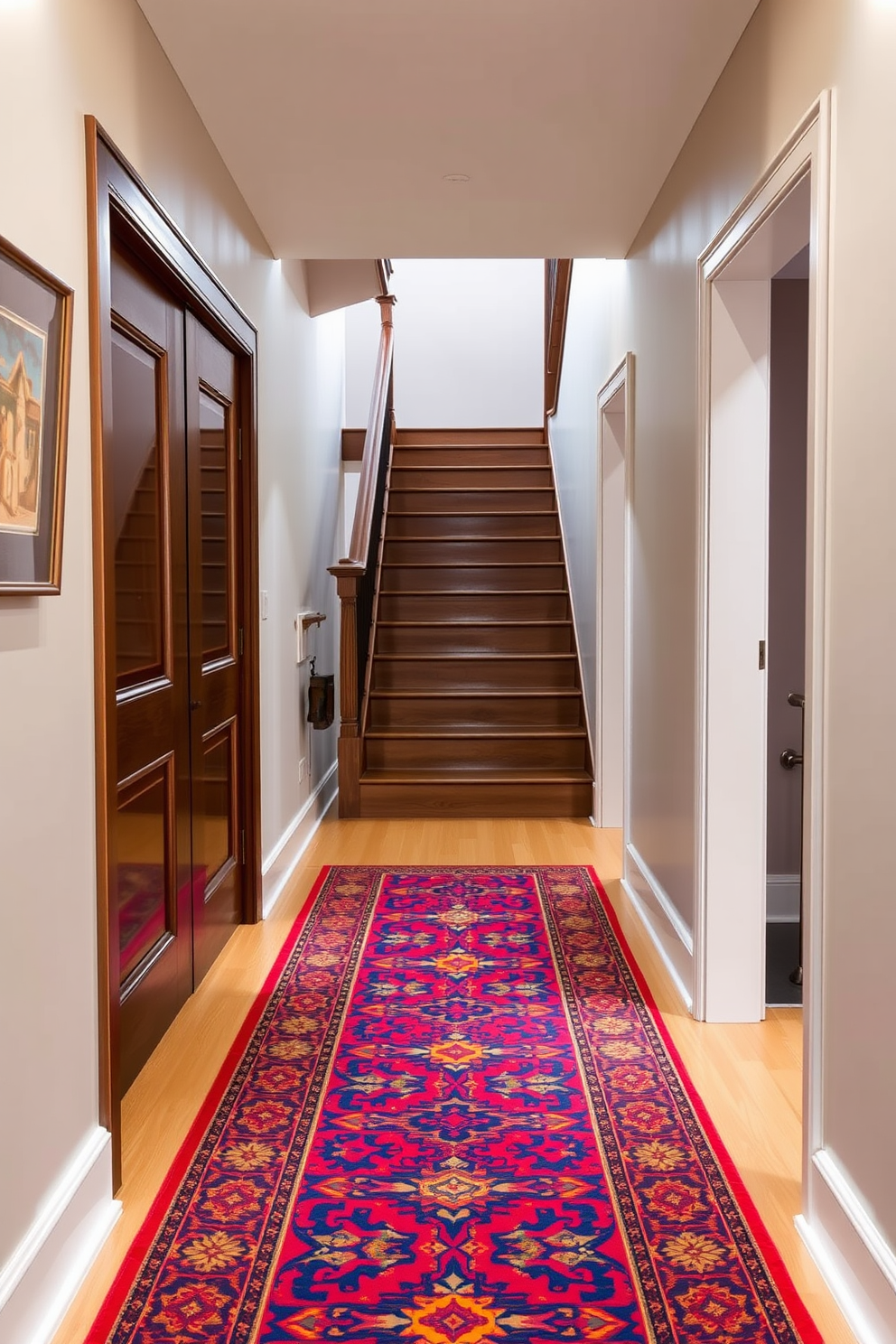 A bold runner rug in vibrant hues stretches down the hallway, adding a pop of color and warmth to the space. The rug features intricate patterns that complement the surrounding decor while inviting guests to explore further. The closed staircase boasts a sleek design with wooden treads and a matching railing that enhances the overall aesthetic. Soft lighting illuminates the staircase, creating an inviting atmosphere that showcases the beauty of the materials used.