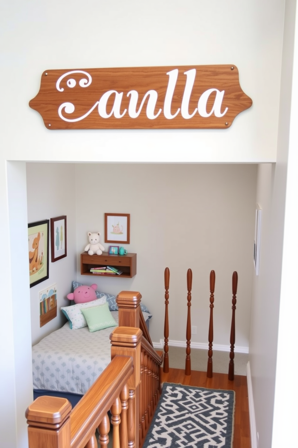 Personalized name signs for uniqueness. A custom wooden sign with elegant lettering hangs above a child's bed, featuring the child's name in a playful font. The sign is painted in soft pastel colors to match the room's decor, surrounded by whimsical wall art and plush toys. Closed staircase design ideas. A beautifully crafted closed staircase features a rich oak handrail and balusters, leading to the upper level of the home. The staircase is adorned with a runner in a bold geometric pattern, creating a striking contrast against the neutral-toned walls.