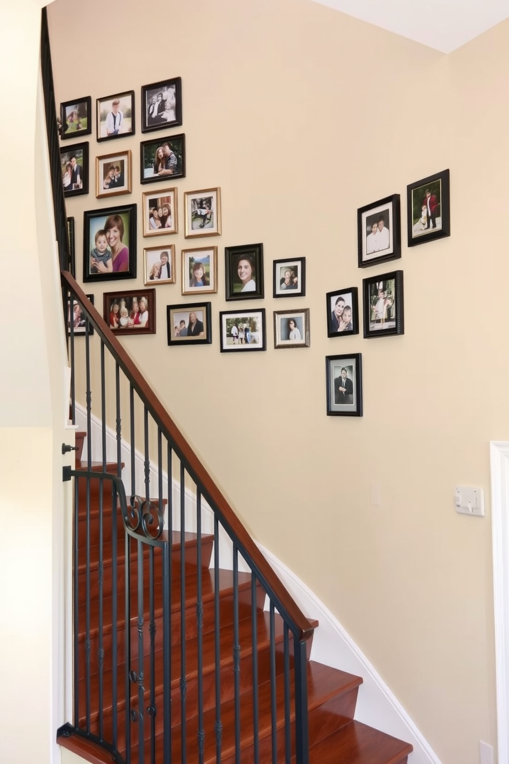 A gallery wall filled with framed family photos in various sizes creates a warm and inviting atmosphere. The wall is painted in a soft beige color, allowing the vibrant images to stand out beautifully. The closed staircase features elegant wooden steps with a rich dark stain, complemented by a wrought iron railing. The walls alongside the staircase are adorned with subtle artwork, enhancing the overall sophistication of the design.