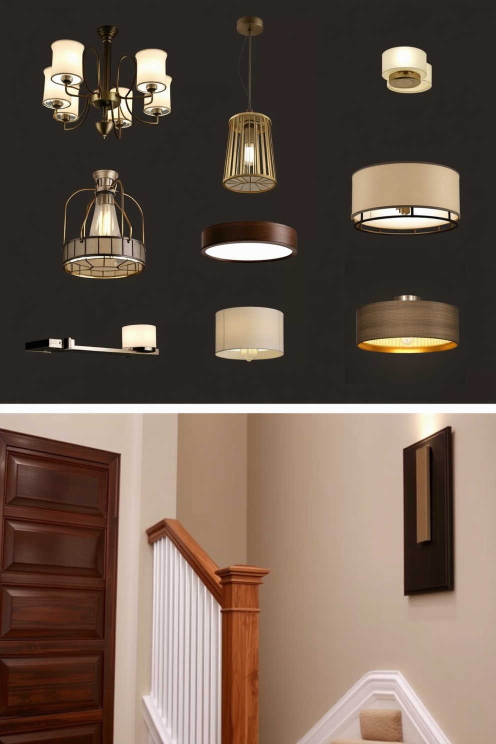 A collection of decorative lighting fixtures designed to create a warm and inviting ambiance. The fixtures include elegant chandeliers, stylish pendant lights, and modern wall sconces in various finishes. A closed staircase featuring a sleek wooden design with a polished handrail. The staircase is complemented by a soft carpet runner and is illuminated by strategically placed recessed lighting.