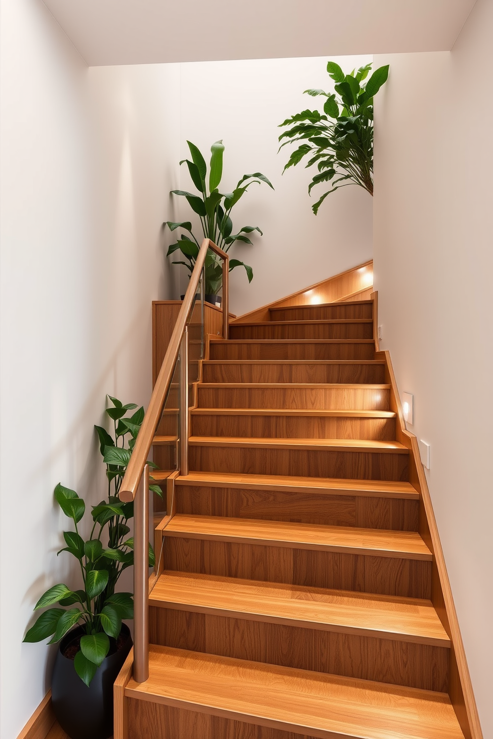 A rustic farmhouse style staircase features wide wooden steps made from reclaimed barn wood, showcasing natural knots and grain patterns. The staircase is enclosed by a sturdy wooden railing with a distressed finish, enhancing the warm and inviting atmosphere of the home. The walls surrounding the staircase are adorned with shiplap paneling painted in a soft white color, creating a beautiful contrast with the rich tones of the wood. Soft, ambient lighting from vintage-style sconces illuminates the steps, adding to the cozy farmhouse charm.