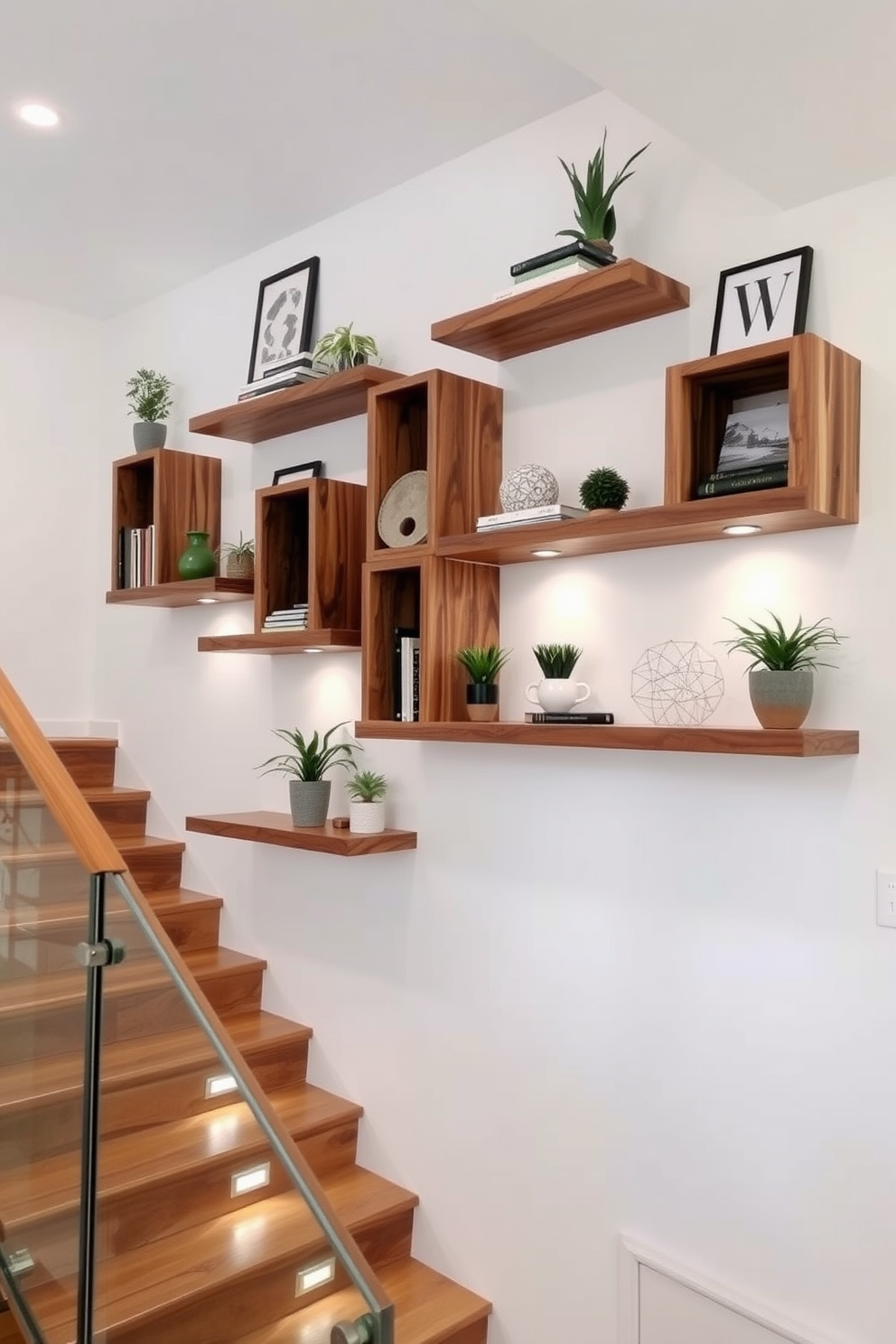 Open shelving for displaying decor. The shelves are made of reclaimed wood and are arranged in a staggered pattern on a white wall, showcasing an array of decorative items including books, plants, and art pieces. Closed staircase design ideas. The staircase features a sleek wooden design with a glass railing, illuminated by recessed lighting that highlights the elegant curves of the steps.