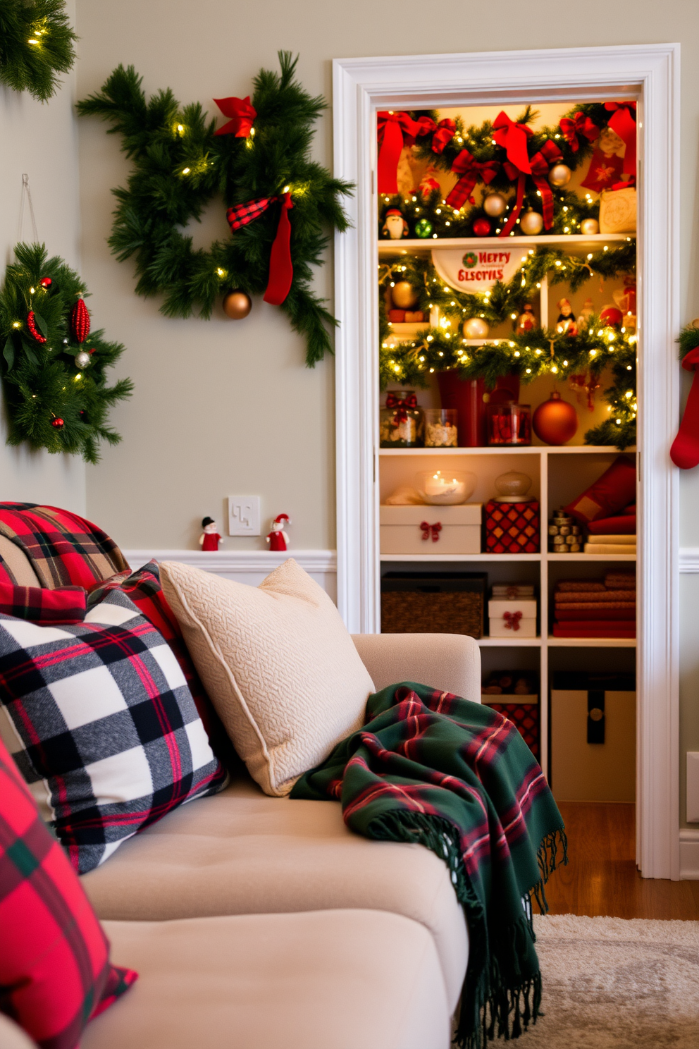 A cozy living room adorned with red and green plaid accents. The space features a plush sofa draped with a soft plaid throw blanket, complemented by festive pillows in coordinating colors. A beautifully decorated closet showcasing Christmas decorations. The shelves are filled with neatly arranged ornaments, garlands, and twinkling lights, creating a warm and inviting holiday atmosphere.