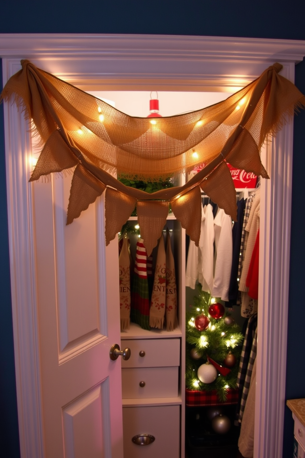 A festive jewelry organizer designed for the holiday season. The organizer features compartments for rings, necklaces, and earrings, adorned with red and green accents. The closet is beautifully decorated with twinkling fairy lights and garlands made of pine branches. Elegant ornaments hang from the shelves, creating a joyful and inviting atmosphere.