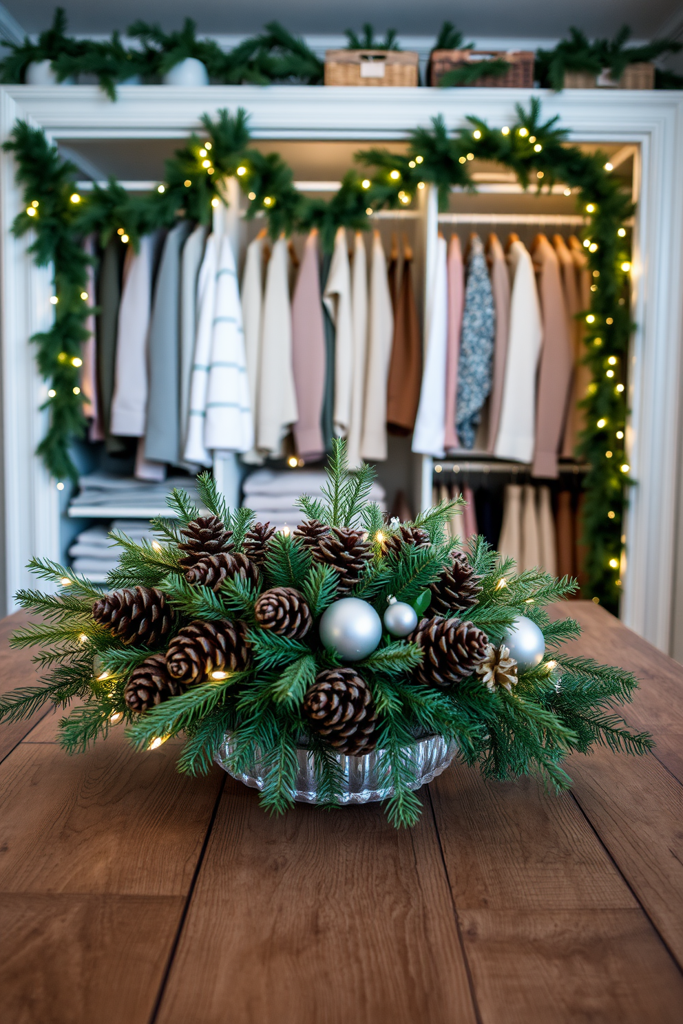 A beautifully arranged centerpiece featuring pine cones and lush greenery sits on a rustic wooden table. The natural elements are accented with soft white lights and subtle metallic ornaments, creating a warm and inviting atmosphere. A spacious closet is elegantly decorated for Christmas with garlands of greenery draped over the shelves. Delicate ornaments and twinkling lights are thoughtfully placed among the clothing, adding a festive touch to the organization.