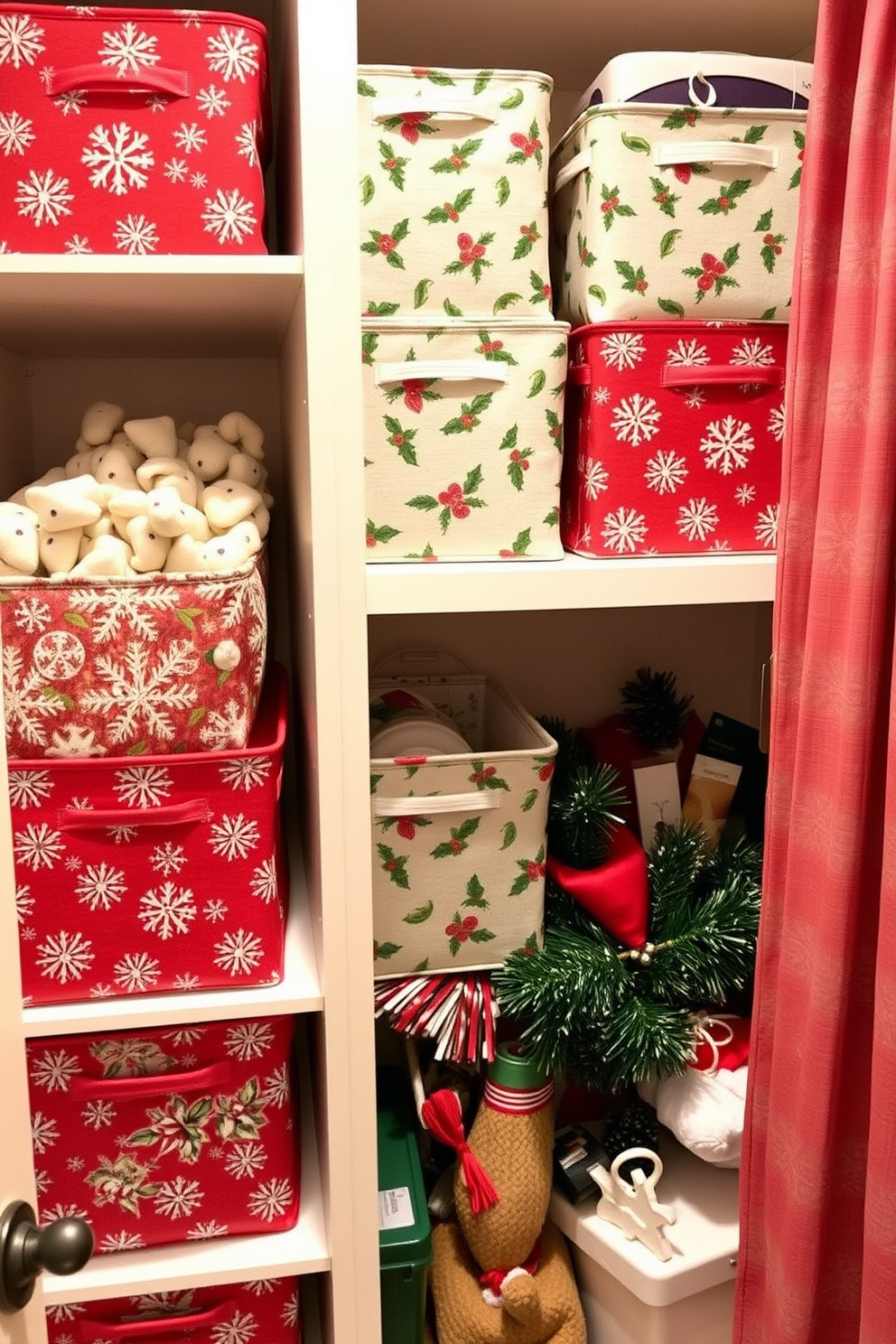 A cozy closet adorned with Christmas-themed fabric storage bins that feature festive patterns of snowflakes and holly. The bins are neatly organized on shelves, adding a cheerful touch to the space while keeping holiday decorations accessible.