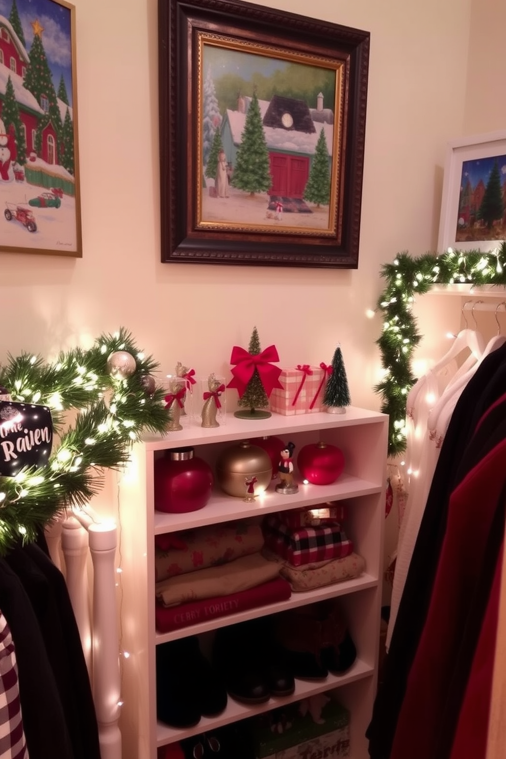 A beautifully decorated closet for Christmas features festive ribbon draped elegantly across the shelves. Colorful ornaments and twinkling fairy lights are arranged to create a warm and inviting holiday atmosphere.