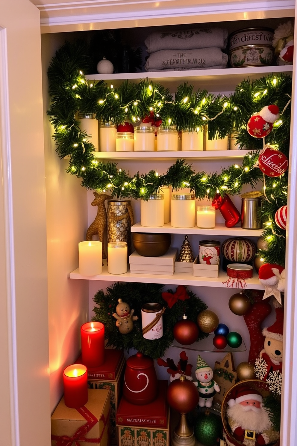 A cozy closet adorned with festive decorations. Scented candles in various shapes and sizes are strategically placed to create a warm and inviting aroma. The closet features garlands of evergreen and twinkling fairy lights draped across the shelves. Colorful ornaments and holiday-themed accessories are arranged thoughtfully to enhance the Christmas spirit.