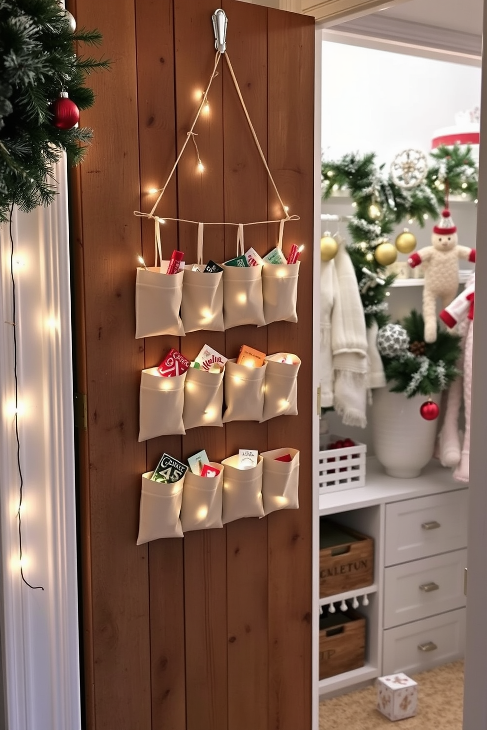 Create a cozy holiday display featuring an array of colorful holiday cards elegantly strung across a wall. The cards are interspersed with twinkling fairy lights to add a warm glow, creating a festive atmosphere. Design a stylish closet adorned with Christmas decorations, including garlands and ornaments that reflect the holiday spirit. The closet features organized shelving with neatly wrapped gifts and seasonal accessories for a charming and functional holiday look.