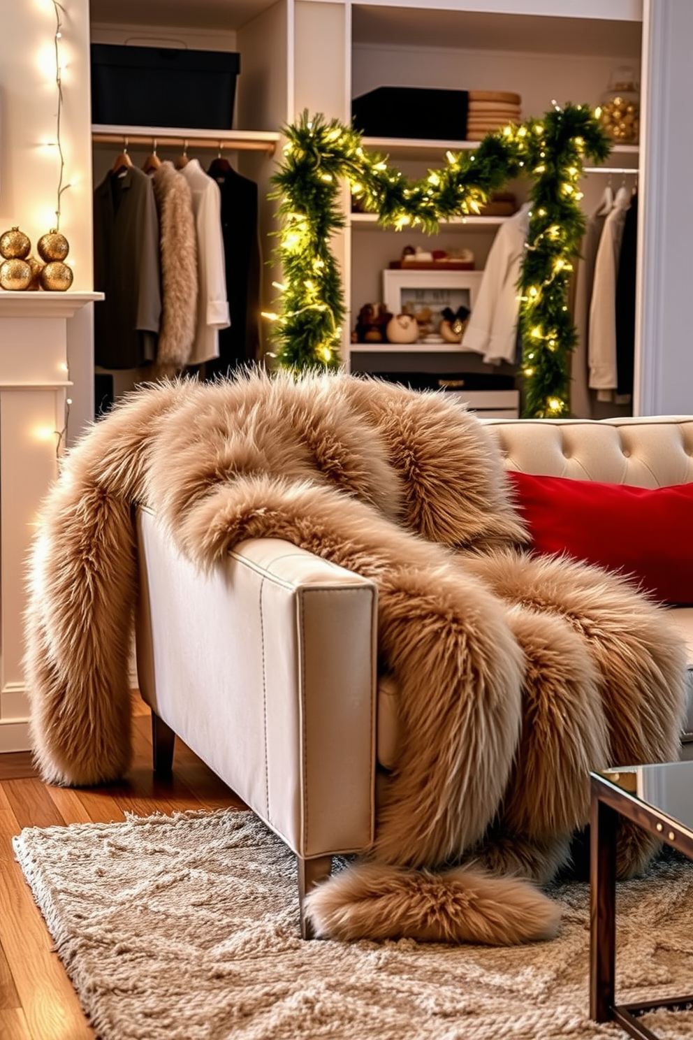 A cozy closet space decorated for the holidays. Fabric bins in vibrant red and green are neatly arranged on the shelves, adding a festive touch. The walls are adorned with subtle twinkling lights that create a warm ambiance. A small decorative wreath hangs on the closet door, completing the cheerful holiday theme.