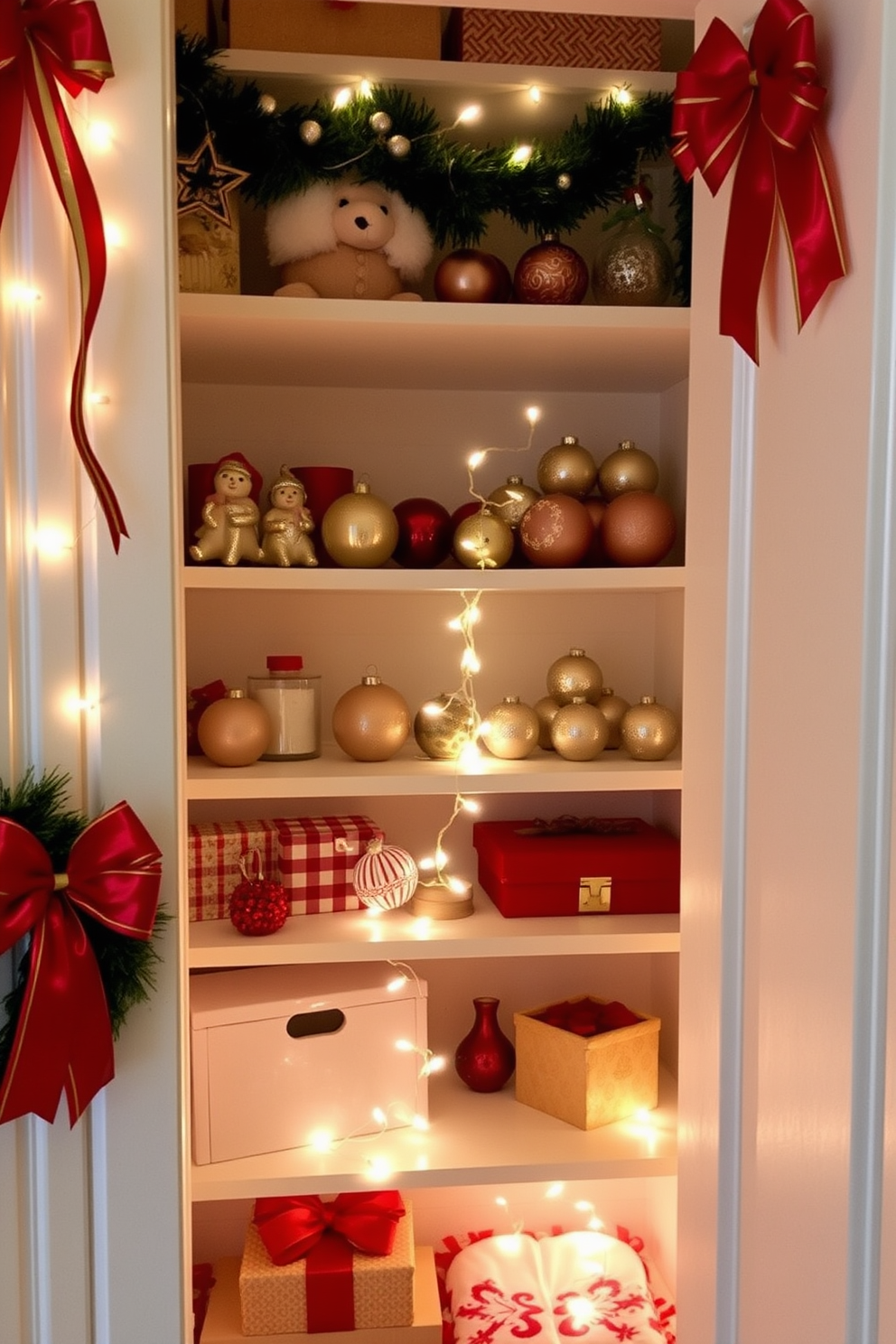 A festive closet adorned with red and gold ribbon accents creates a warm holiday atmosphere. The shelves are filled with neatly arranged ornaments and twinkling fairy lights, enhancing the cheerful decor.