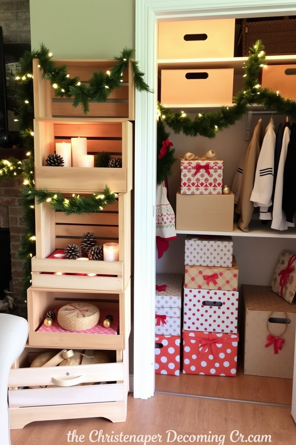 Wooden crates are stacked creatively to create a rustic display in a cozy living space. The crates are filled with seasonal decorations, including pinecones, candles, and twinkling fairy lights, enhancing the warm ambiance. For Christmas decorating ideas, the closet is adorned with festive touches such as garlands and ornaments. Inside, beautifully wrapped gifts are arranged alongside holiday-themed storage boxes, adding a cheerful spirit to the space.