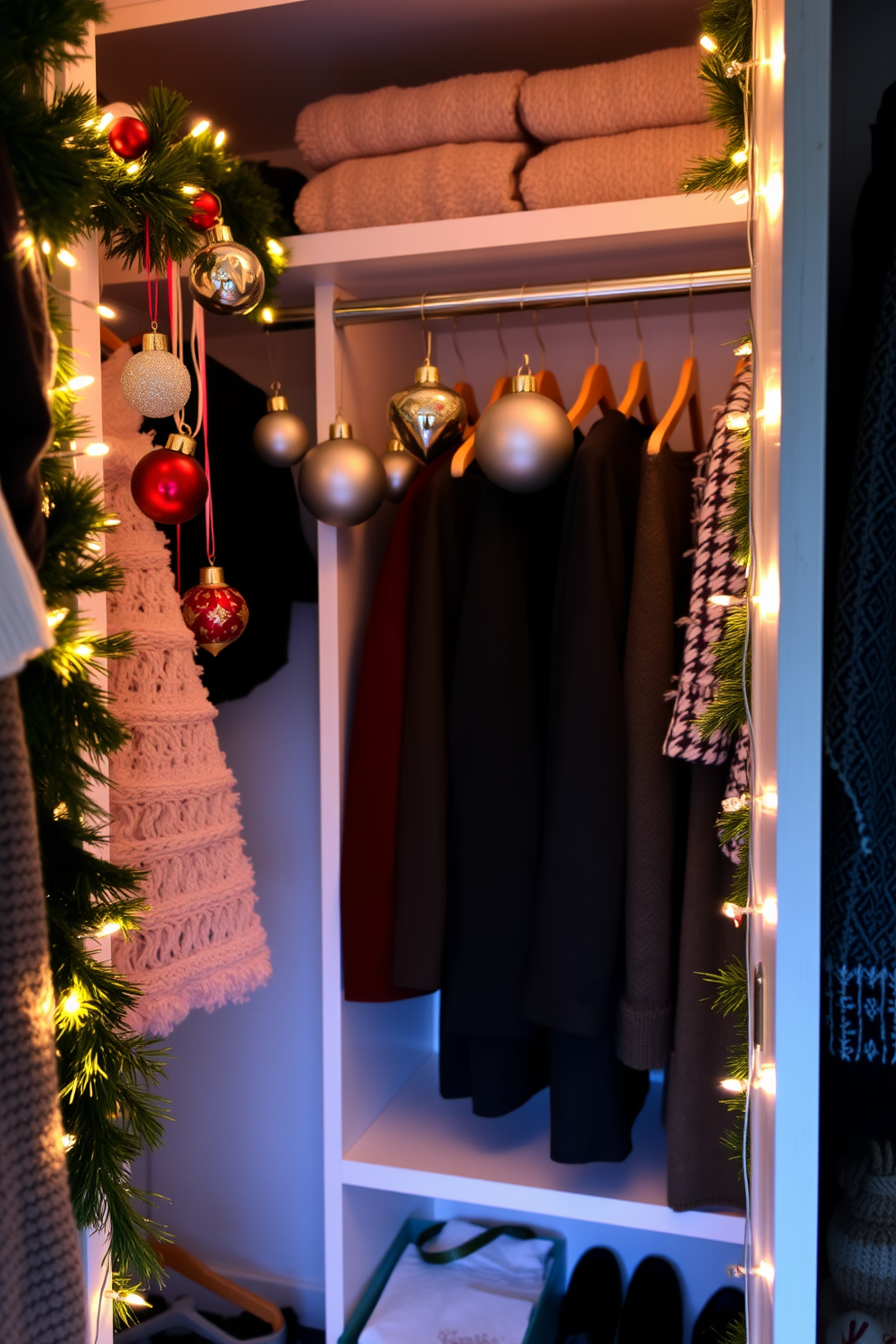 Create a cozy and festive closet space adorned with hanging ornaments from the closet rods. The ornaments should be a mix of traditional and modern styles, adding a touch of elegance to the festive decor. Incorporate various textures and colors to enhance the Christmas spirit within the closet. Use garlands and twinkling lights to further illuminate the space, creating a warm and inviting atmosphere.