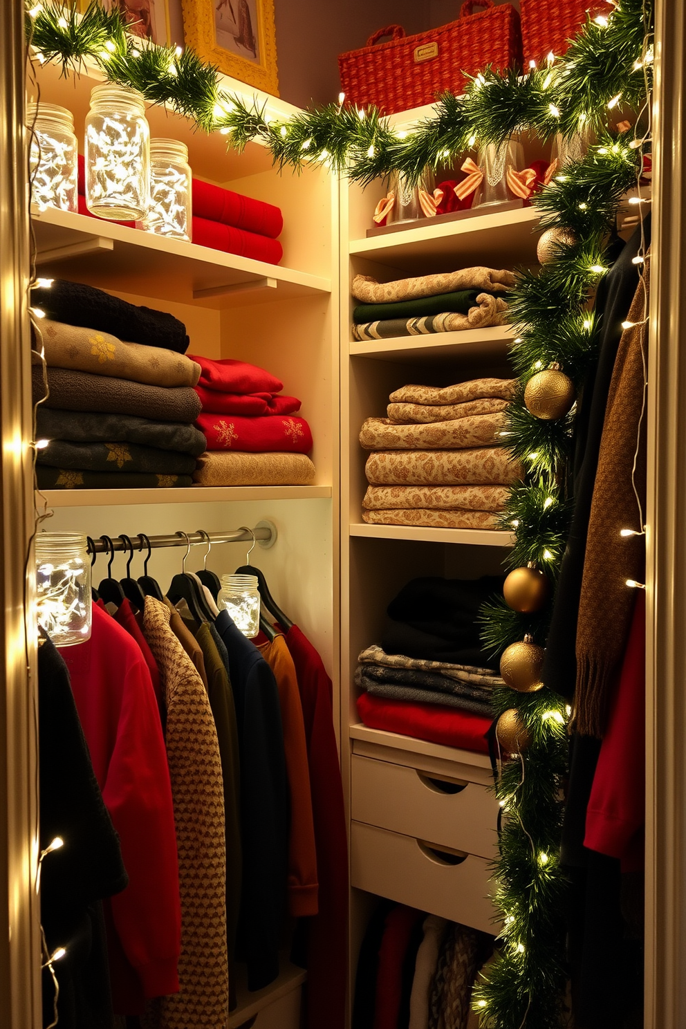 Hang mini stockings on the closet door to create a festive and cozy atmosphere. Choose a variety of colors and patterns for the stockings to add visual interest and charm. Add twinkling fairy lights around the closet to enhance the holiday spirit. Consider incorporating small ornaments or garlands to further decorate the door and make it a focal point in the room.