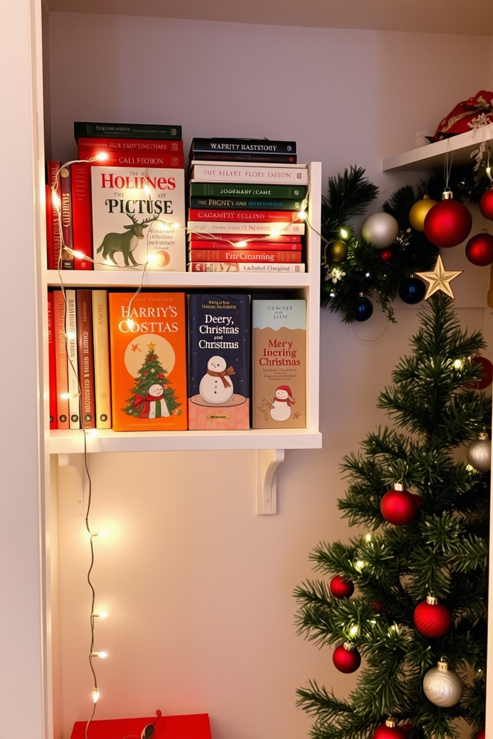 A cozy small shelf is adorned with an assortment of holiday books, featuring vibrant covers and festive titles. Twinkling fairy lights are draped across the shelf, adding a warm glow to the display. The closet is transformed into a charming Christmas nook, showcasing colorful ornaments and garlands. A small evergreen tree sits in the corner, decorated with delicate baubles and a star on top.