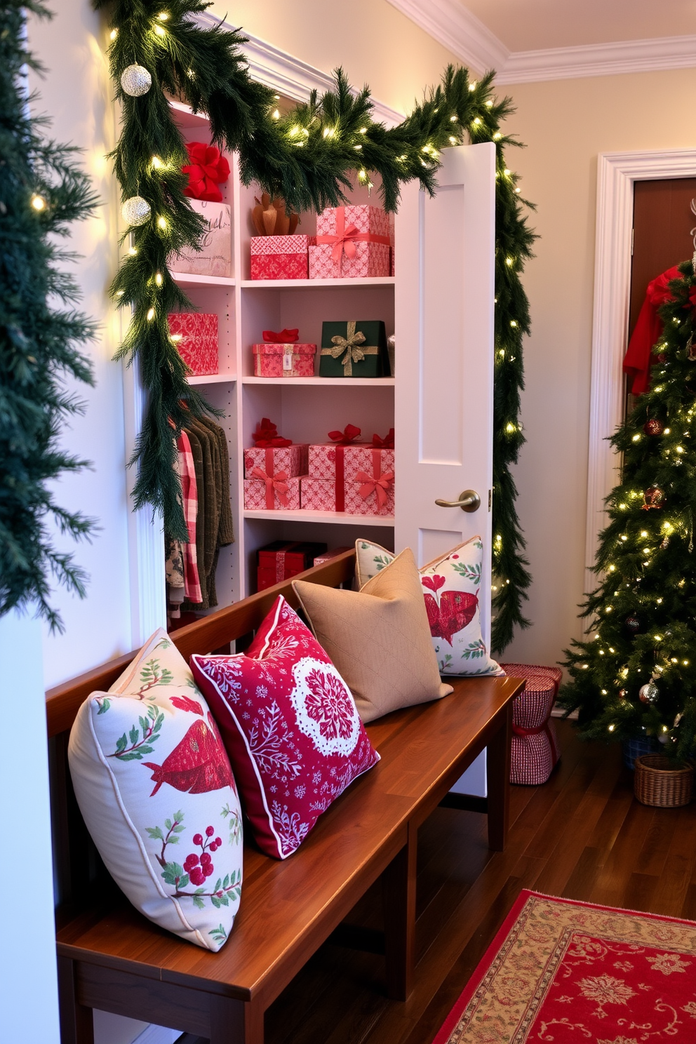 A cozy living room adorned for the holiday season. A beautifully decorated Christmas tree stands in the corner, surrounded by wrapped gifts and twinkling lights. The mantle is draped with evergreen garlands and adorned with festive stockings. A plush throw is casually placed on the sofa, inviting warmth and comfort for family gatherings.