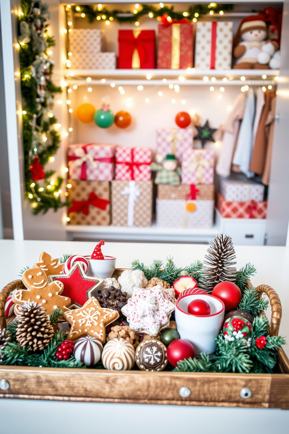 A beautifully arranged decorative tray for holiday snacks. The tray is filled with an assortment of festive treats like gingerbread cookies, chocolate truffles, and fresh fruit, all artfully presented with seasonal accents. A cozy closet transformed for Christmas decorating. The shelves are adorned with twinkling fairy lights, colorful ornaments, and neatly wrapped gifts, creating a cheerful and inviting holiday atmosphere.