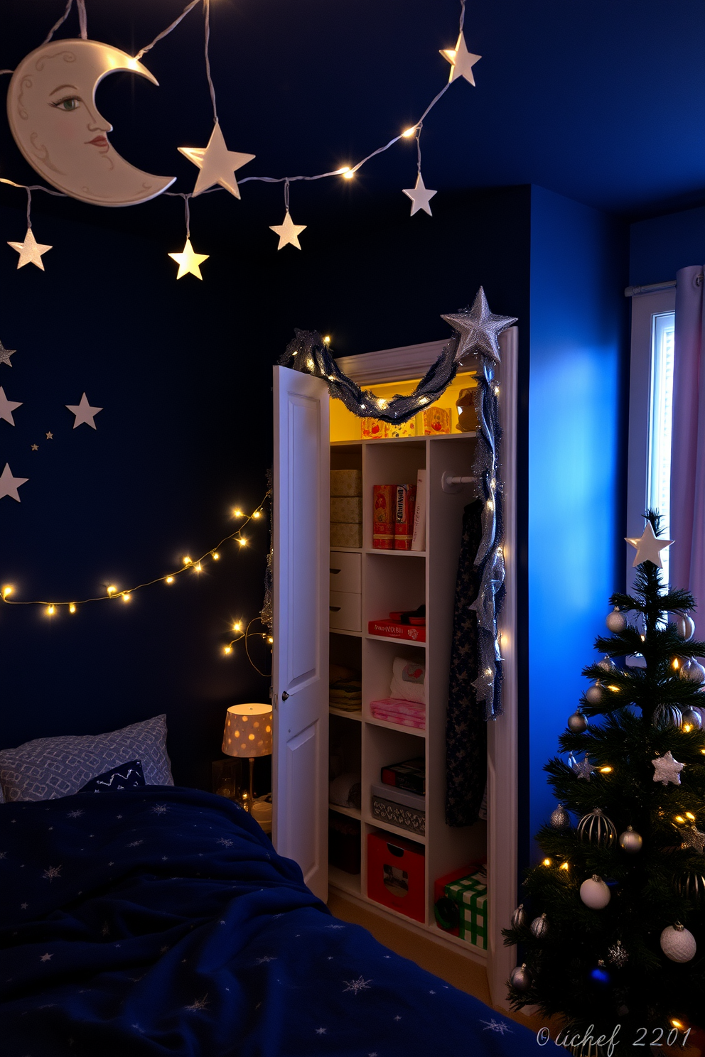 A cozy bedroom adorned with twinkling stars and moon decor. The walls are painted a deep navy blue, creating a serene night sky effect, while string lights in the shape of stars hang from the ceiling. A beautifully decorated closet for Christmas featuring festive ornaments and garlands. The shelves are lined with colorful wrapping paper, and a small tree stands in the corner, adorned with miniature decorations.