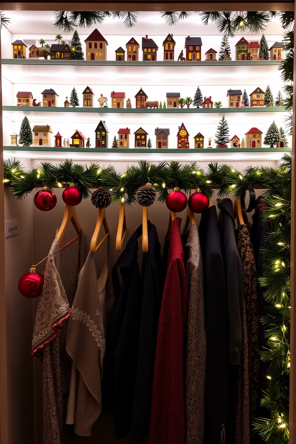 A charming miniature village display is arranged on multiple shelves, showcasing quaint houses and tiny figurines. Each shelf is adorned with soft white lights that create a warm and inviting atmosphere. The closet is transformed into a festive wonderland with elegant Christmas decorations. Rich red and gold ornaments hang from the hangers, while garlands of pine and twinkling fairy lights add a magical touch.