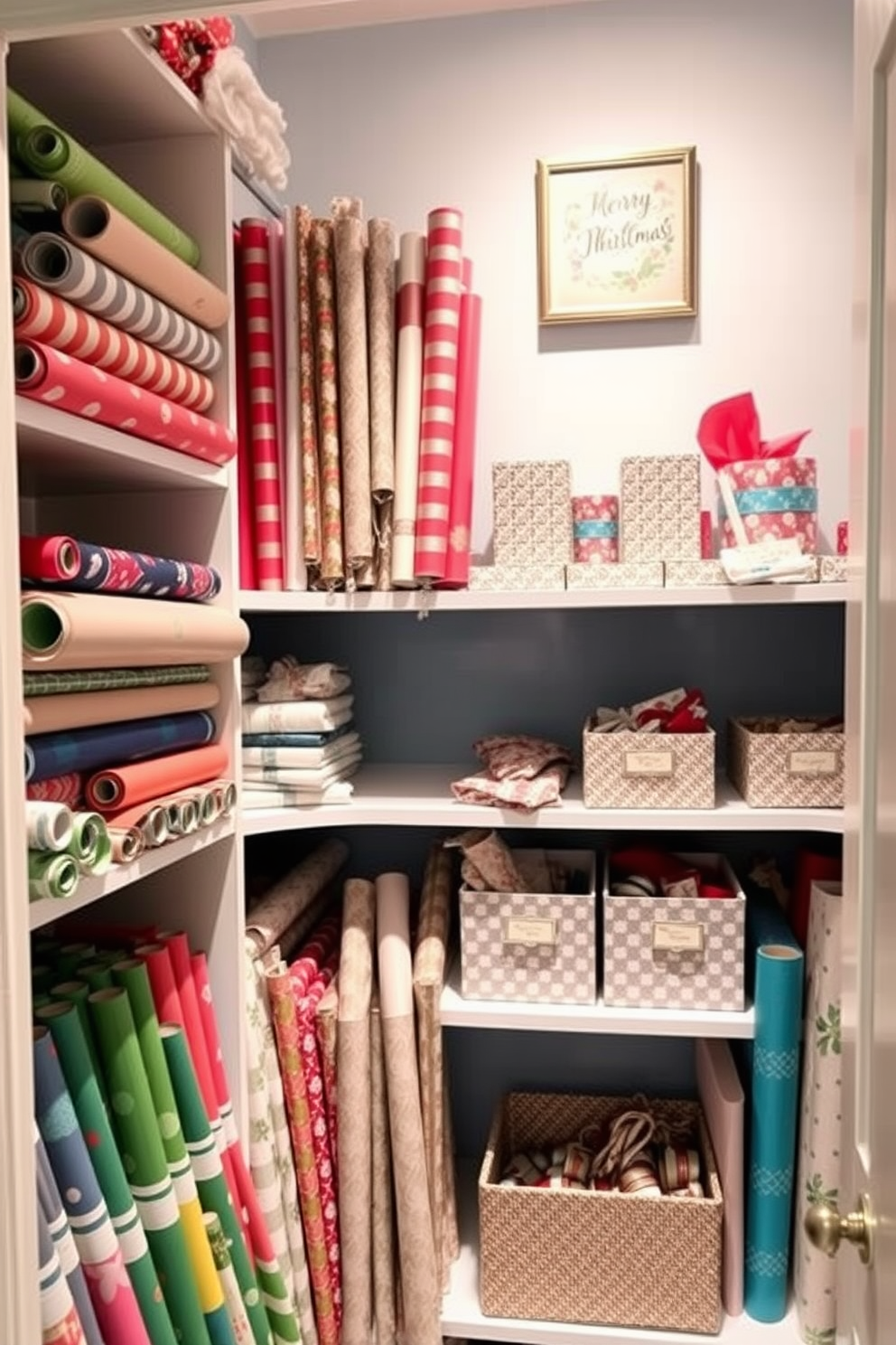 A cozy closet entrance adorned with fresh mistletoe hanging from the ceiling. The space is filled with festive decorations, including twinkling string lights and a small Christmas tree in the corner.