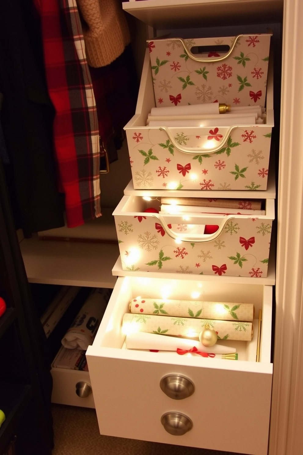 A festive shoe display is arranged in a spacious closet adorned with twinkling fairy lights. Colorful ornaments and garlands drape over the shelves, creating a cheerful holiday atmosphere. Each pair of shoes is neatly organized and surrounded by seasonal decorations like miniature Christmas trees and poinsettias. A cozy throw blanket is draped on a nearby chair, inviting warmth and comfort to the festive scene.