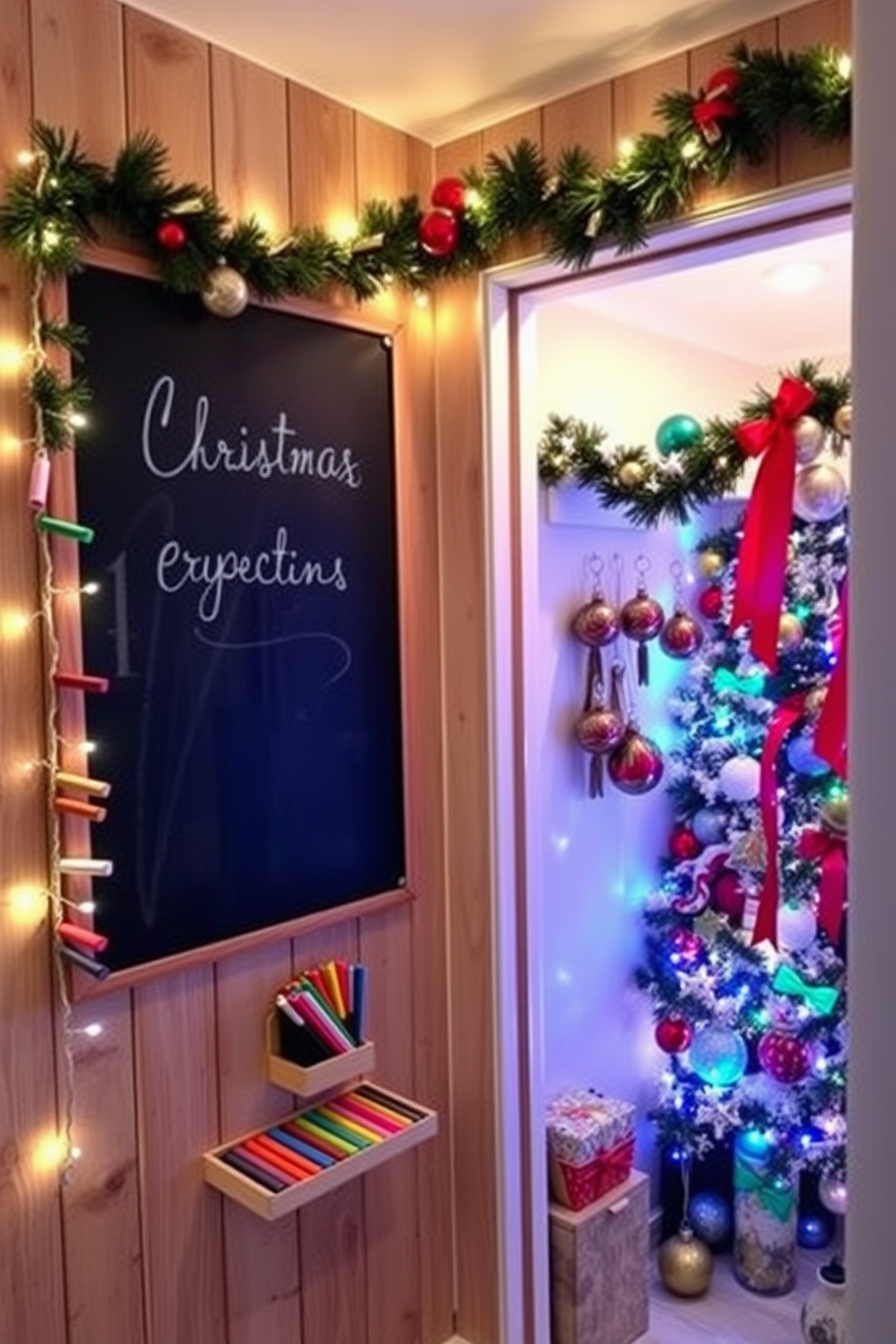 A large chalkboard is mounted on a rustic wooden wall, surrounded by festive garlands and twinkling fairy lights. Colorful chalks are neatly arranged on a small shelf below, inviting creativity for seasonal messages and greetings. The closet is transformed into a winter wonderland with vibrant Christmas decorations. Adorned with ornaments, ribbons, and twinkling lights, it becomes a delightful surprise every time the door is opened.