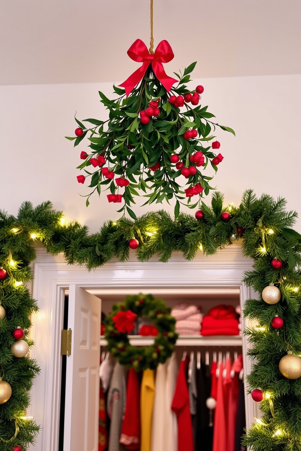 A cozy living room adorned for the holidays features a plush festive rug that adds warmth and color to the space. The room is decorated with twinkling string lights and a beautifully adorned Christmas tree in the corner, creating a cheerful atmosphere. The closet is elegantly organized with holiday-themed decorations, including wreaths and garlands. Shelves are lined with festive ornaments and neatly wrapped presents, making it a delightful festive storage space.