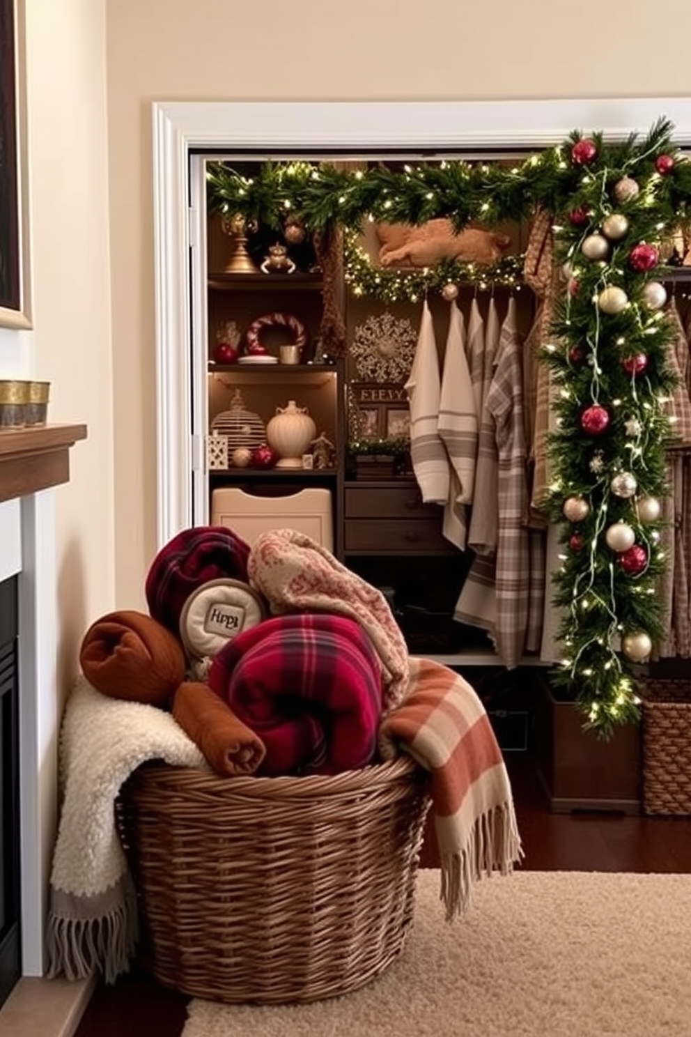 A cozy living room adorned with seasonal throw blankets neatly arranged in a woven basket. The space features a warm color palette with soft lighting, creating a welcoming atmosphere for holiday gatherings. A beautifully decorated closet showcasing elegant Christmas decorations. The shelves are lined with festive ornaments and twinkling lights, while a stylish garland drapes gracefully across the closet door.