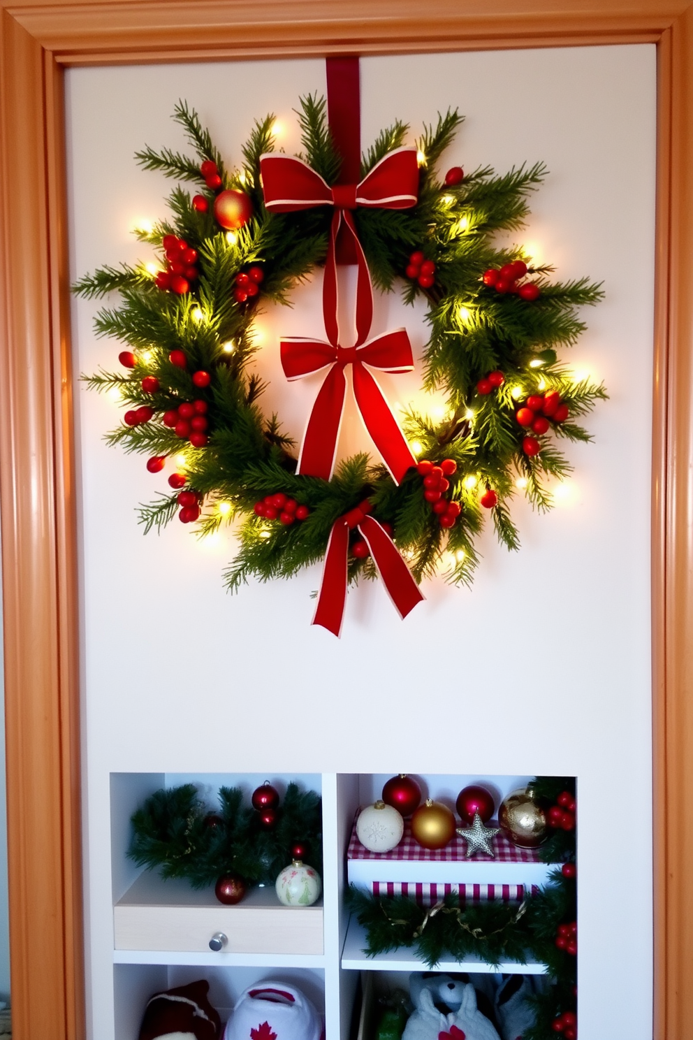 A beautifully decorated closet door adorned with a seasonal wreath made of evergreen branches and red berries. The wreath is complemented by twinkling fairy lights and a festive bow, creating a warm and inviting holiday atmosphere. Inside the closet, shelves are filled with neatly arranged holiday decorations, including colorful ornaments and garlands. A cozy throw blanket drapes over the top shelf, adding a touch of comfort to the festive decor.