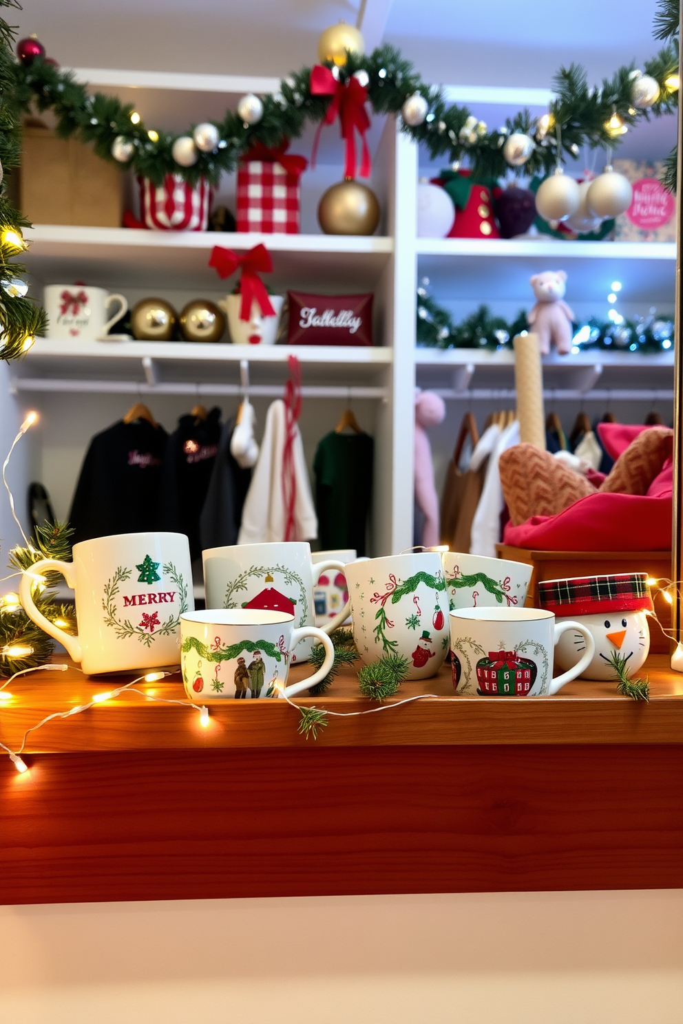 Decorative Christmas mugs are arranged on a wooden shelf, showcasing a variety of festive designs and colors. The mugs are complemented by twinkling fairy lights and small evergreen branches for a cozy holiday atmosphere. The closet is adorned with holiday-themed decorations, including garlands and ornaments hanging from the shelves. Soft, warm lighting highlights the seasonal touches, creating a cheerful and inviting space for the festive season.