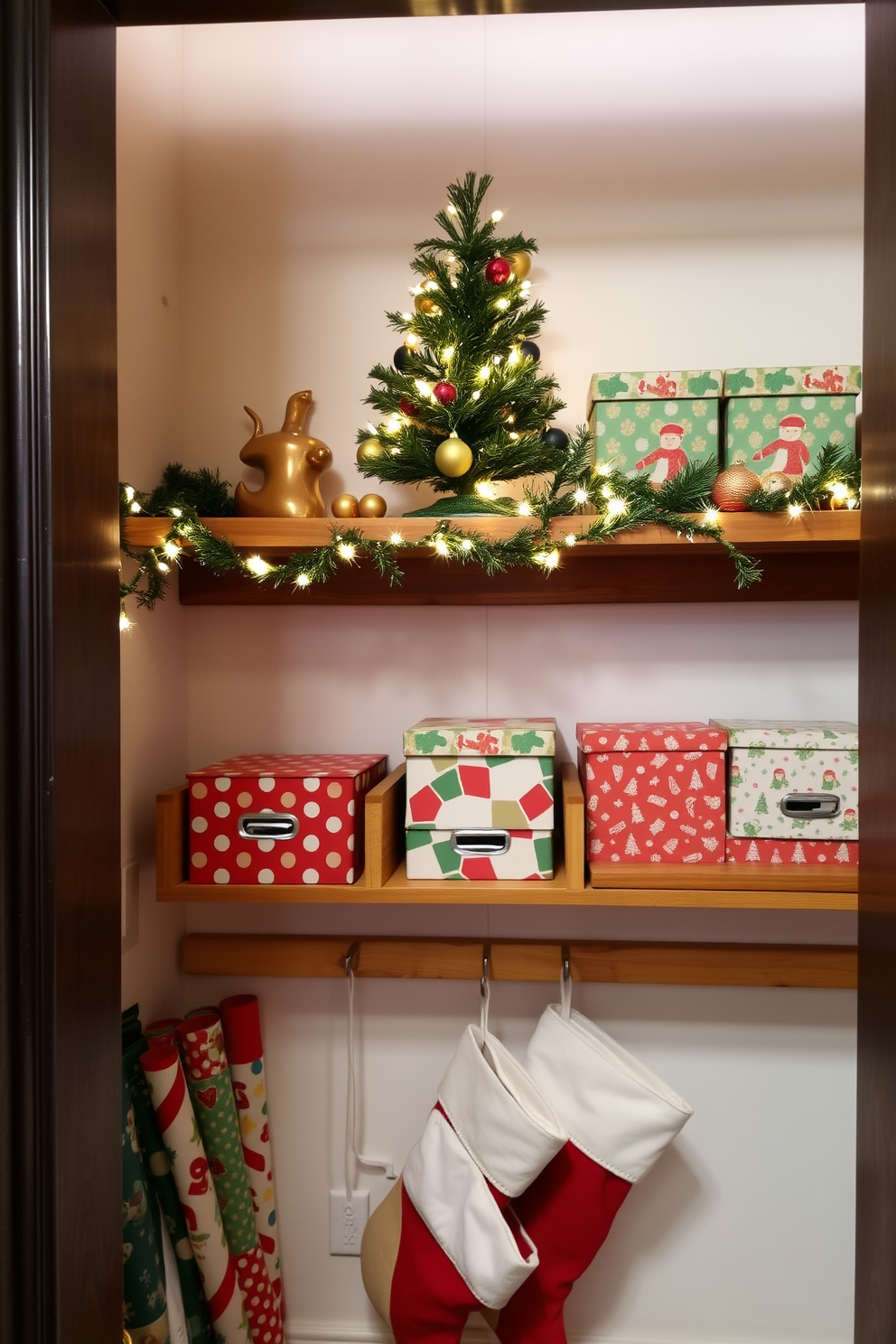 A charming mini Christmas tree is placed on a wooden shelf adorned with twinkling fairy lights. The shelf is decorated with small ornaments and festive garlands, creating a cozy holiday atmosphere. In the closet, colorful wrapping paper and holiday-themed storage boxes are neatly organized. Stockings hang from hooks, adding a touch of seasonal cheer to the closet space.