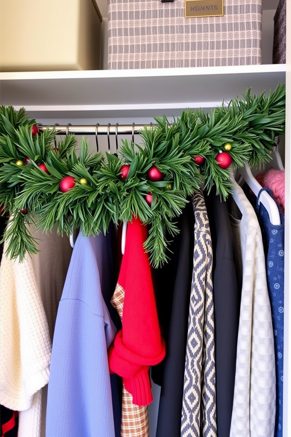 A cozy closet space adorned for the holidays. Scented pinecones are scattered throughout, filling the air with a warm holiday aroma, while festive garlands drape elegantly across the shelves. Twinkling fairy lights are woven into the closet design, creating a magical ambiance. Ornaments hang from hooks, adding a touch of cheer to the organized space.