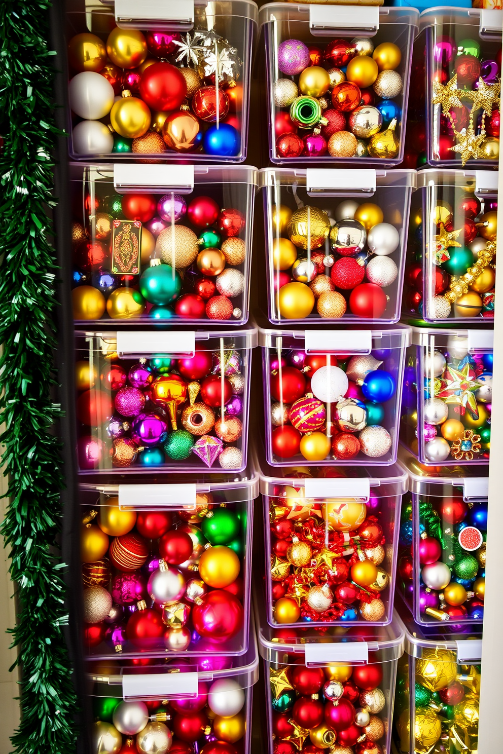 A vibrant closet filled with colorful ornaments neatly arranged in clear bins. Each bin showcases a variety of festive decorations, including baubles, garlands, and lights, creating a cheerful and organized holiday display.