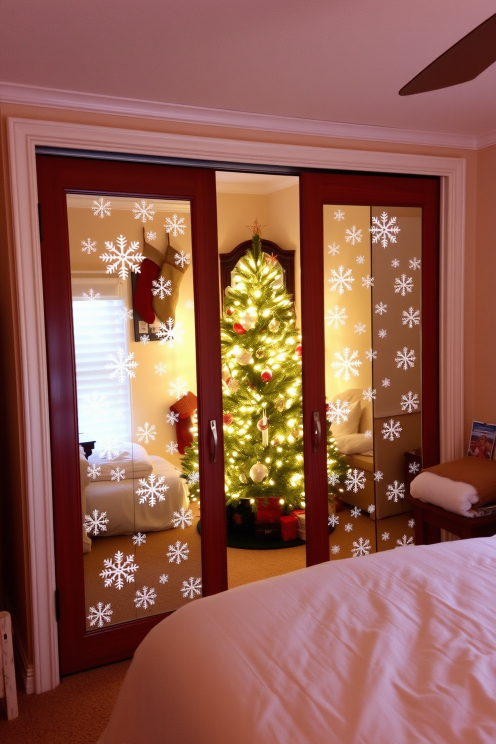 A cozy bedroom adorned with snowflake decals on the closet mirrors creates a winter wonderland effect. The closet doors reflect the delicate patterns, enhancing the festive atmosphere of the room. The room features a beautifully decorated Christmas tree in the corner, adorned with twinkling lights and colorful ornaments. Stockings are hung by the fireplace, adding to the warm and inviting holiday spirit.