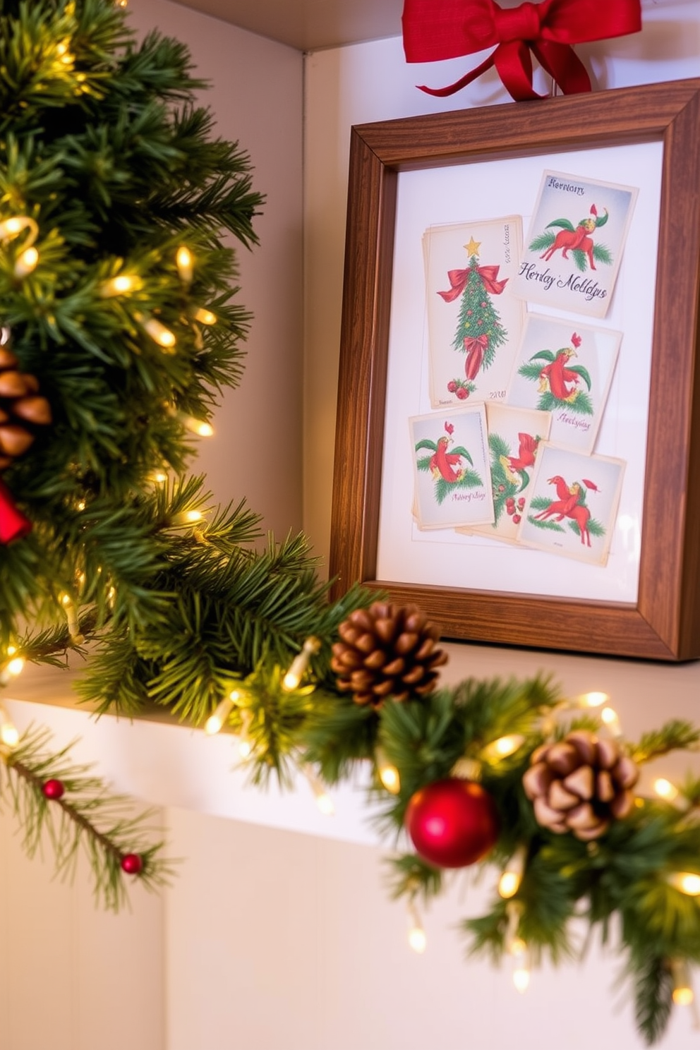 A beautifully decorated closet for the holidays. The shelves are wrapped in festive holiday paper adorned with vibrant patterns and colors, creating a cheerful atmosphere. Inside the closet, twinkling fairy lights are draped along the shelves, illuminating the space with a warm glow. Holiday-themed decor items are neatly arranged, including ornaments, garlands, and seasonal accessories, enhancing the festive spirit.