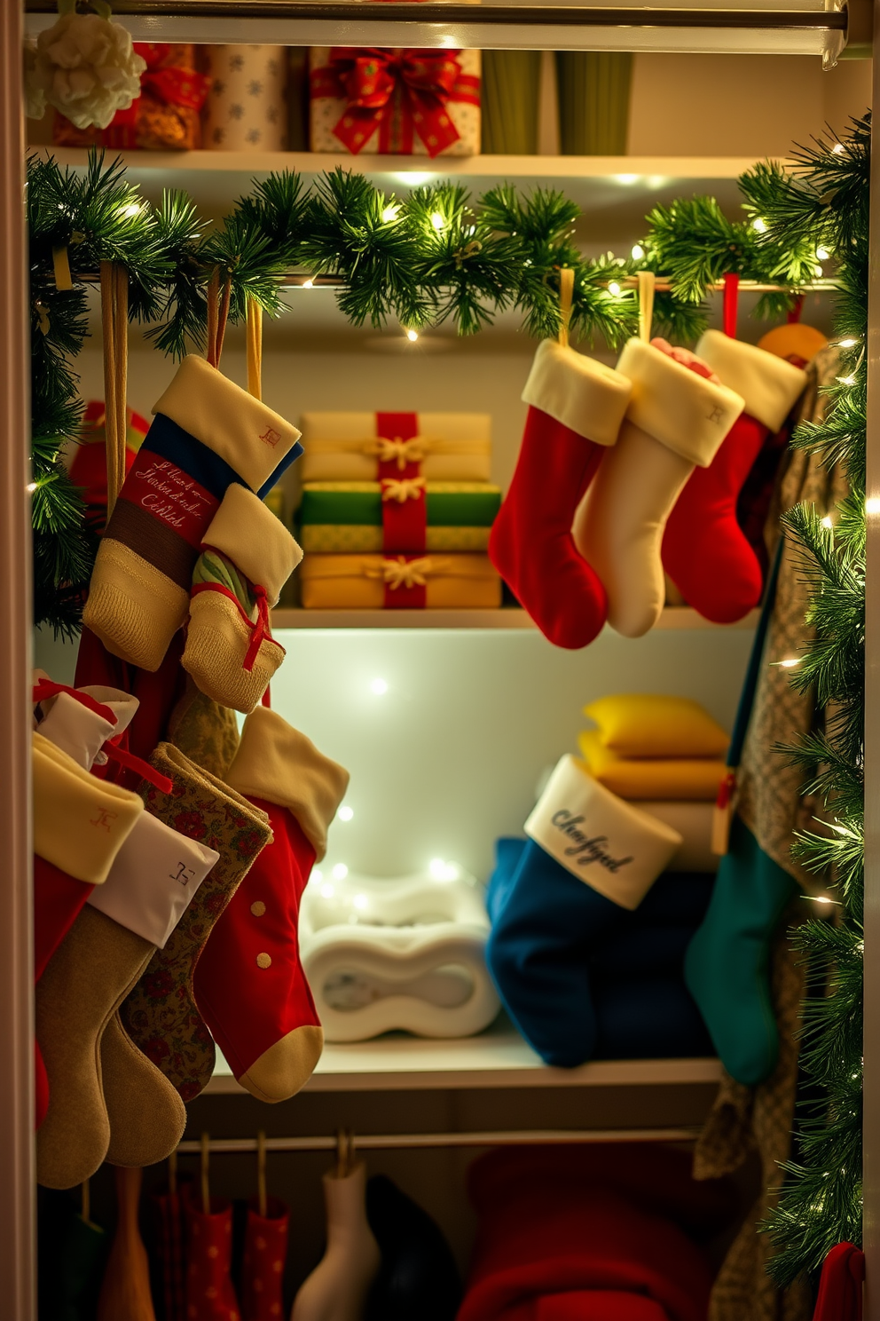 A cozy and festive closet space adorned with hanging stockings for small gifts. The stockings are colorful and varied, each one carefully hung on a decorative rod, creating a cheerful holiday atmosphere. In the background, twinkling fairy lights illuminate the closet, adding warmth and charm. Soft garlands of greenery are draped around the shelves, enhancing the Christmas spirit.