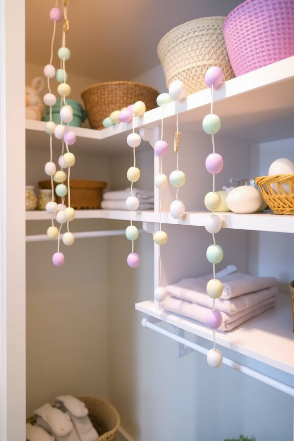 Create a charming Easter-themed closet decorated with pastel colored egg garlands hanging down from the shelves. The closet features soft lighting that highlights the delicate colors of the eggs, creating a whimsical and festive atmosphere.