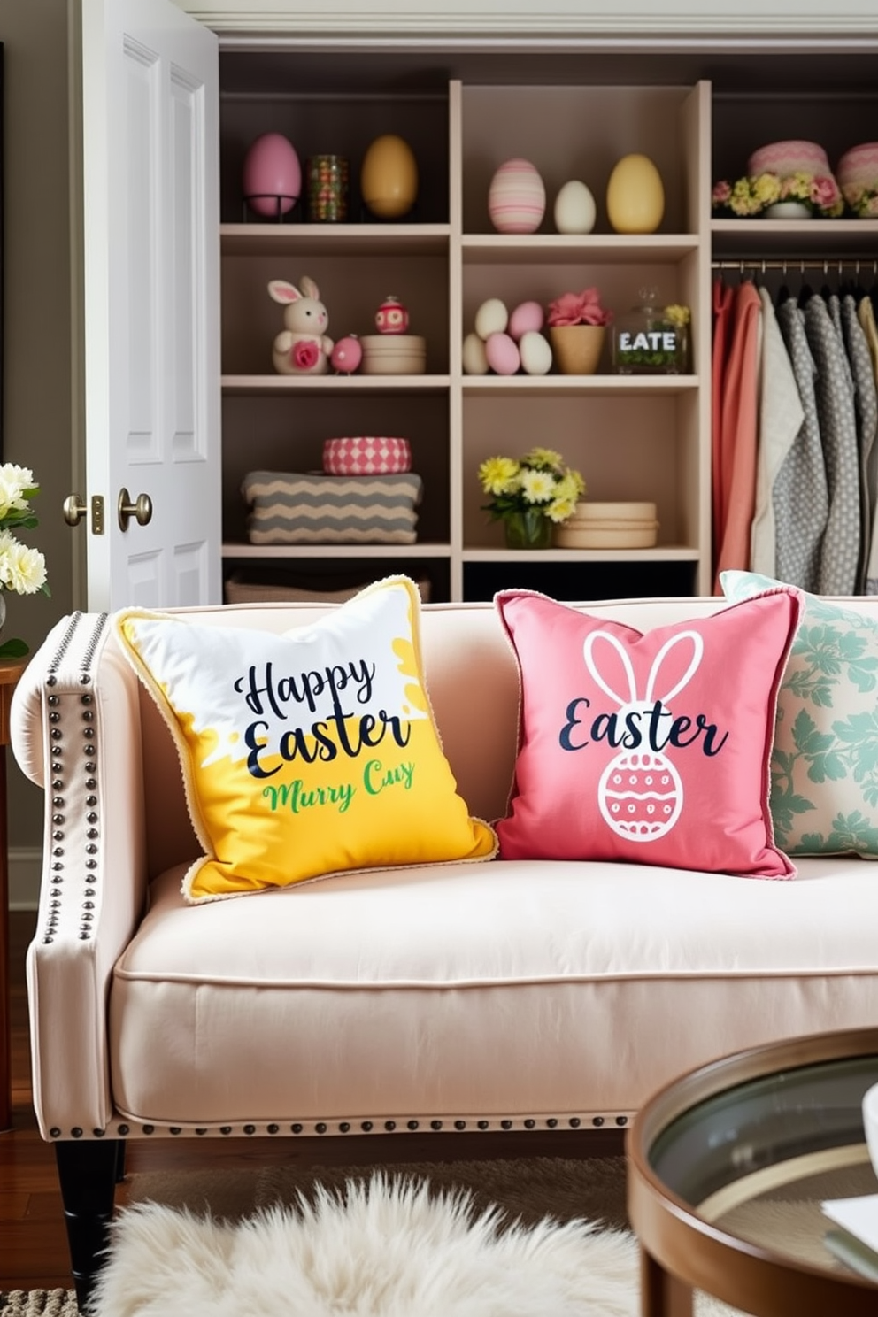 Create a charming Easter-themed closet display featuring decorative baskets filled with colorful eggs. The baskets should vary in size and texture, arranged neatly on shelves to enhance the festive atmosphere.