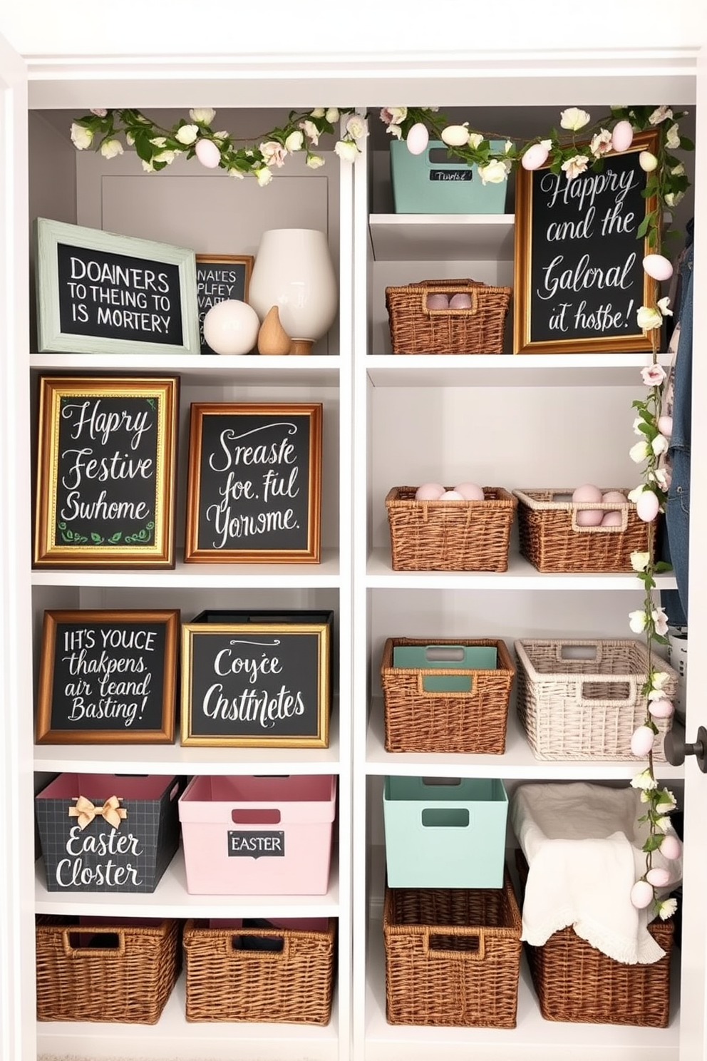 Chalkboard signs adorned with cheerful festive messages create a warm and inviting atmosphere. The signs are elegantly framed and strategically placed throughout the space, adding a touch of whimsy and personalization. For closet Easter decorating ideas, envision a beautifully organized closet featuring pastel-colored bins and baskets. Delicate garlands of faux flowers and Easter eggs hang from the shelves, enhancing the festive spirit while maintaining a tidy appearance.