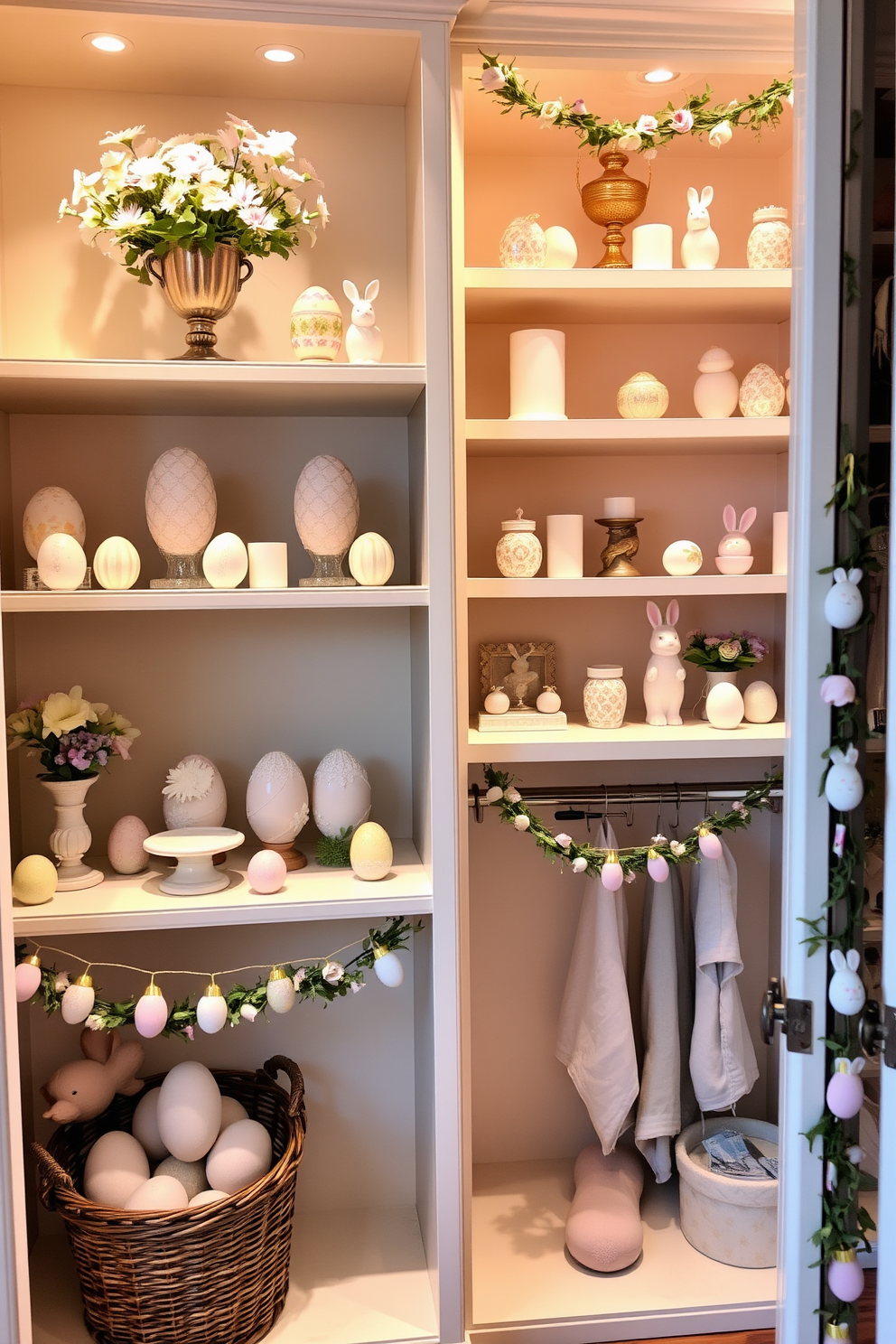 Decorative egg displays are arranged on elegant shelves, showcasing a variety of colors and patterns. Each shelf is adorned with spring-themed accents, such as fresh flowers and pastel-colored candles. The closet is transformed into a festive space with Easter decorations, featuring garlands of eggs and bunny motifs. Soft lighting enhances the cheerful atmosphere, making it a delightful area for seasonal storage and display.