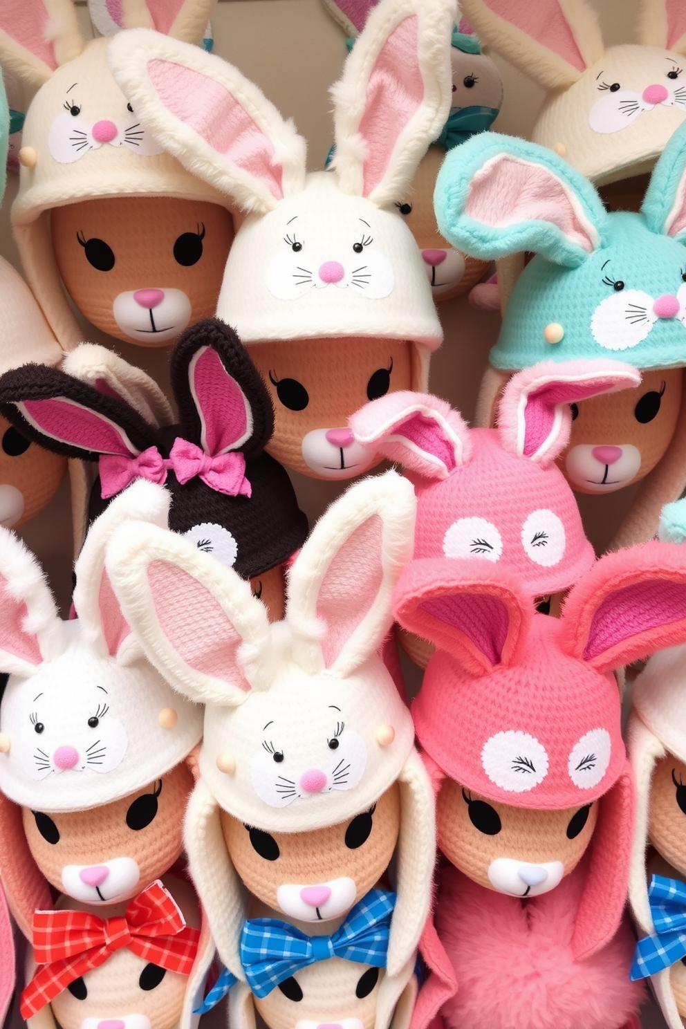 A charming display of whimsical bunny hats arranged in an artistic manner. Each hat features unique designs and colors, creating a playful atmosphere perfect for Easter celebrations.