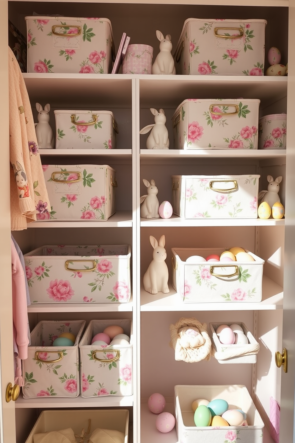 A charming spring-themed closet features fabric storage bins adorned with floral patterns in pastel colors. The bins are neatly organized on shelves, adding a cheerful touch to the space while keeping it tidy. Easter decorations are tastefully arranged around the closet, with delicate bunny figurines and colorful eggs placed strategically. Soft, natural lighting enhances the vibrant hues of the decor, creating a warm and inviting atmosphere.