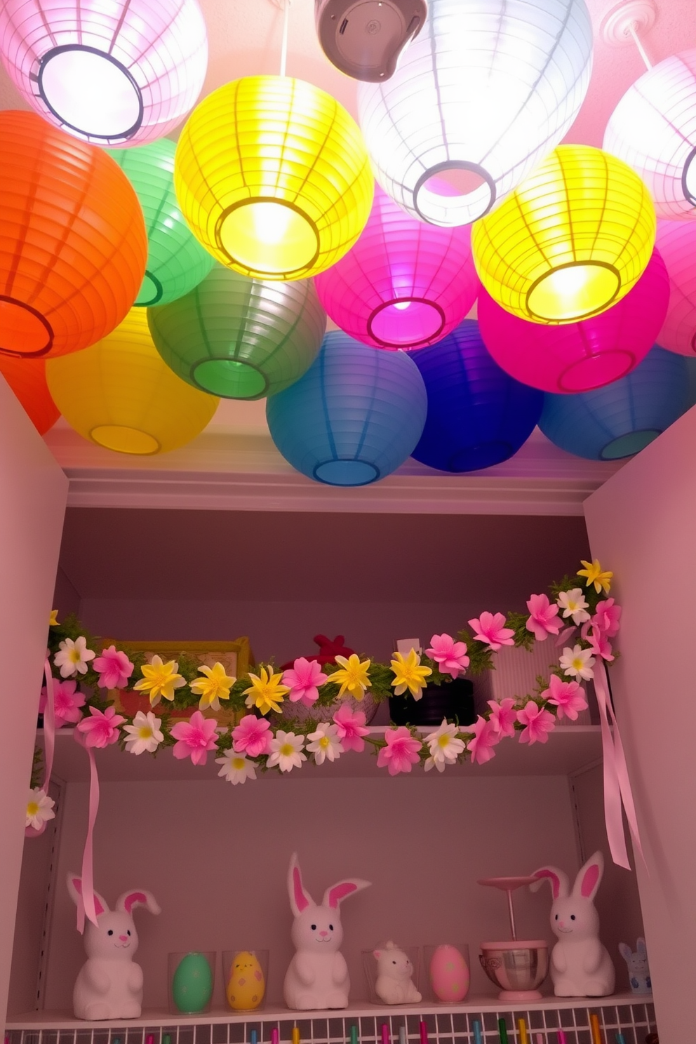 A vibrant display of colorful paper lanterns hangs from the ceiling, casting a warm glow throughout the room. The lanterns are arranged in an array of colors, creating a festive atmosphere perfect for celebrations. The closet is adorned with charming Easter decorations, featuring pastel-colored eggs and playful bunnies. Soft garlands made of flowers and ribbons drape elegantly across the shelves, adding a touch of whimsy and seasonal cheer.