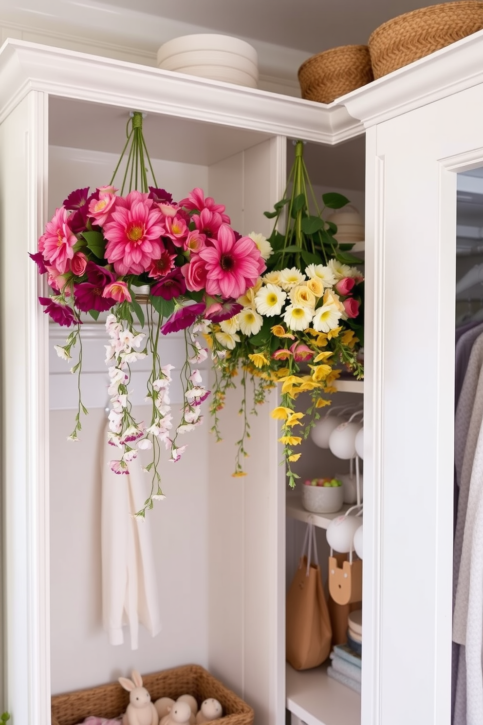 Lighted branches elegantly drape across the top of a beautifully organized closet. Soft white lights twinkle among the branches, creating a warm and inviting atmosphere for Easter celebrations. Delicate pastel decorations hang from the branches, including small eggs and floral accents. The closet features neatly arranged seasonal clothing, enhancing the festive feel while maintaining a sense of order.