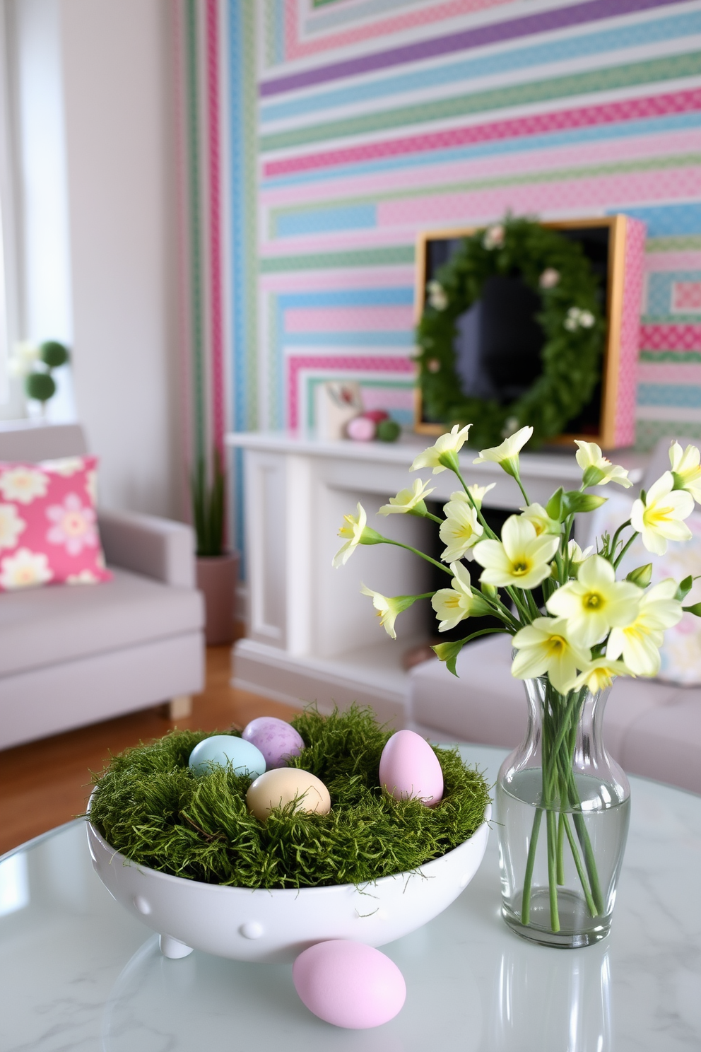 A cozy living room adorned with seasonal scents from beautifully arranged candles and elegant diffusers. The warm glow of candlelight complements the fresh aroma of spring, creating an inviting atmosphere. A stylish closet space decorated for Easter with pastel-colored accents and floral arrangements. Decorative baskets filled with seasonal treats are placed on shelves, enhancing the festive charm of the space.