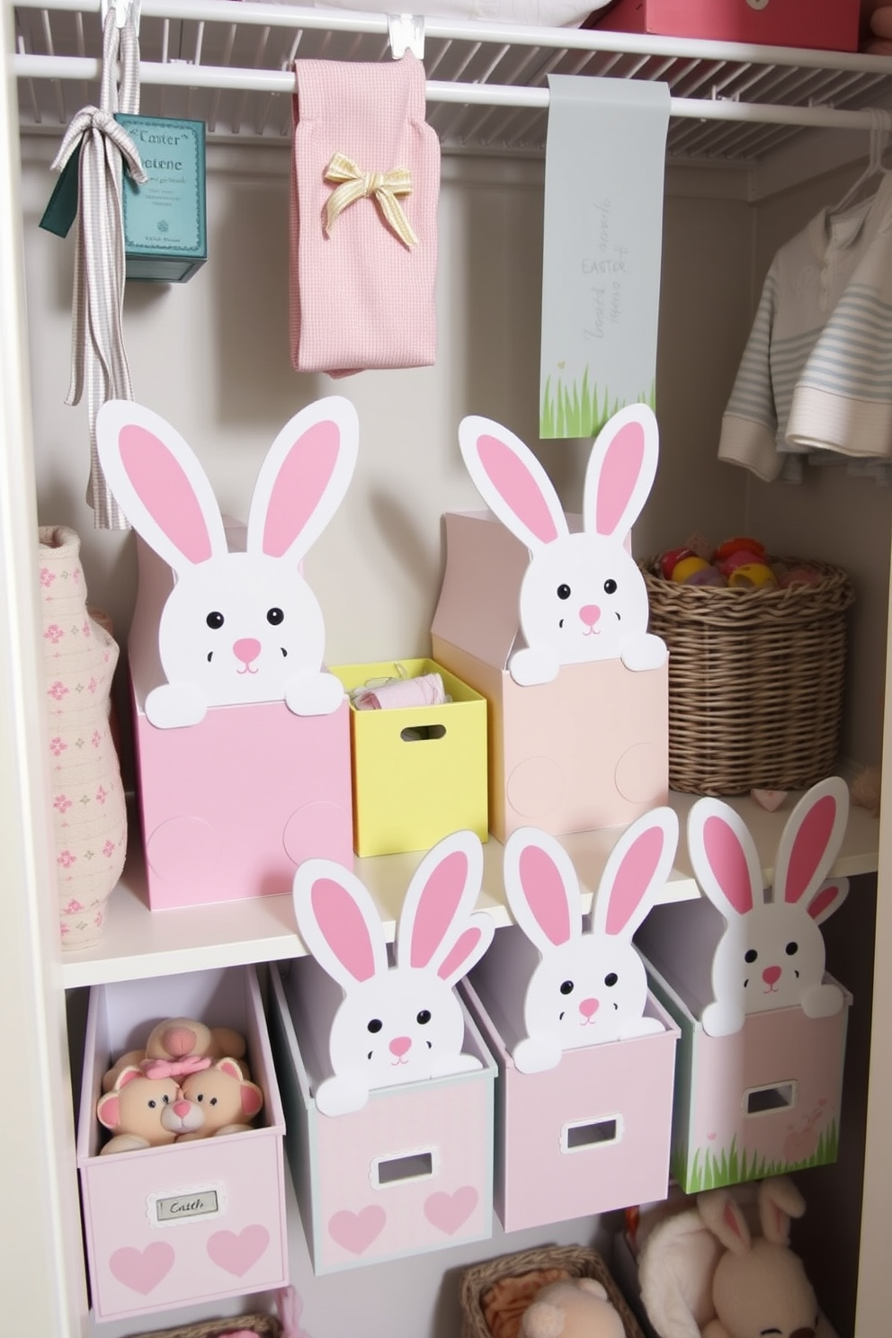 A charming closet decorated for Easter featuring bunny-shaped storage boxes for organization. The boxes are arranged neatly on a shelf, adding a playful touch to the space while keeping items tidy.