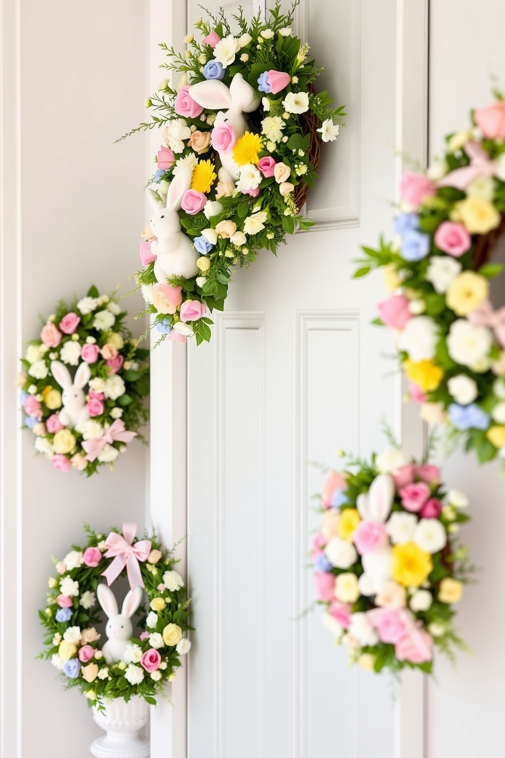 Floral wreaths adorned with pastel tones hang gracefully on the closet doors, adding a soft and inviting touch to the space. Delicate flowers in shades of pink, lavender, and mint create a cheerful atmosphere, perfect for celebrating the Easter season.